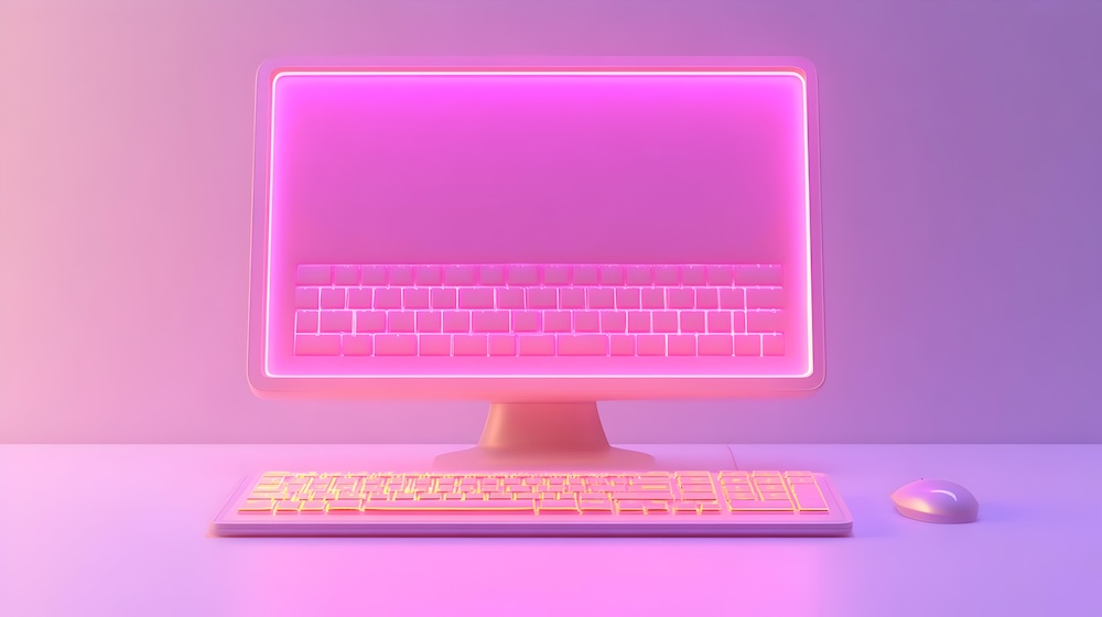 Pink leuchtender Bildschirm mit Tastatur und Maus