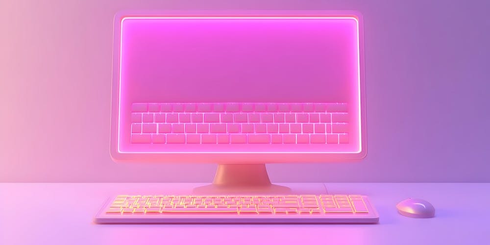 Pink leuchtender Bildschirm mit Tastatur und Maus Pink leuchtender Bildschirm mit Tastatur und Maus