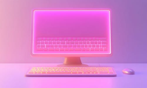 Pink leuchtender Bildschirm mit Tastatur und Maus Pink leuchtender Bildschirm mit Tastatur und Maus