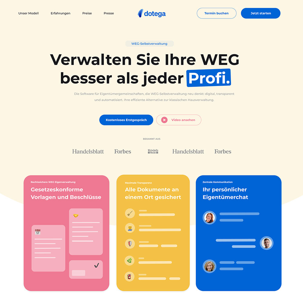 Screenshot der Website von dotega - einer Software für die WEG Selbstverwaltung