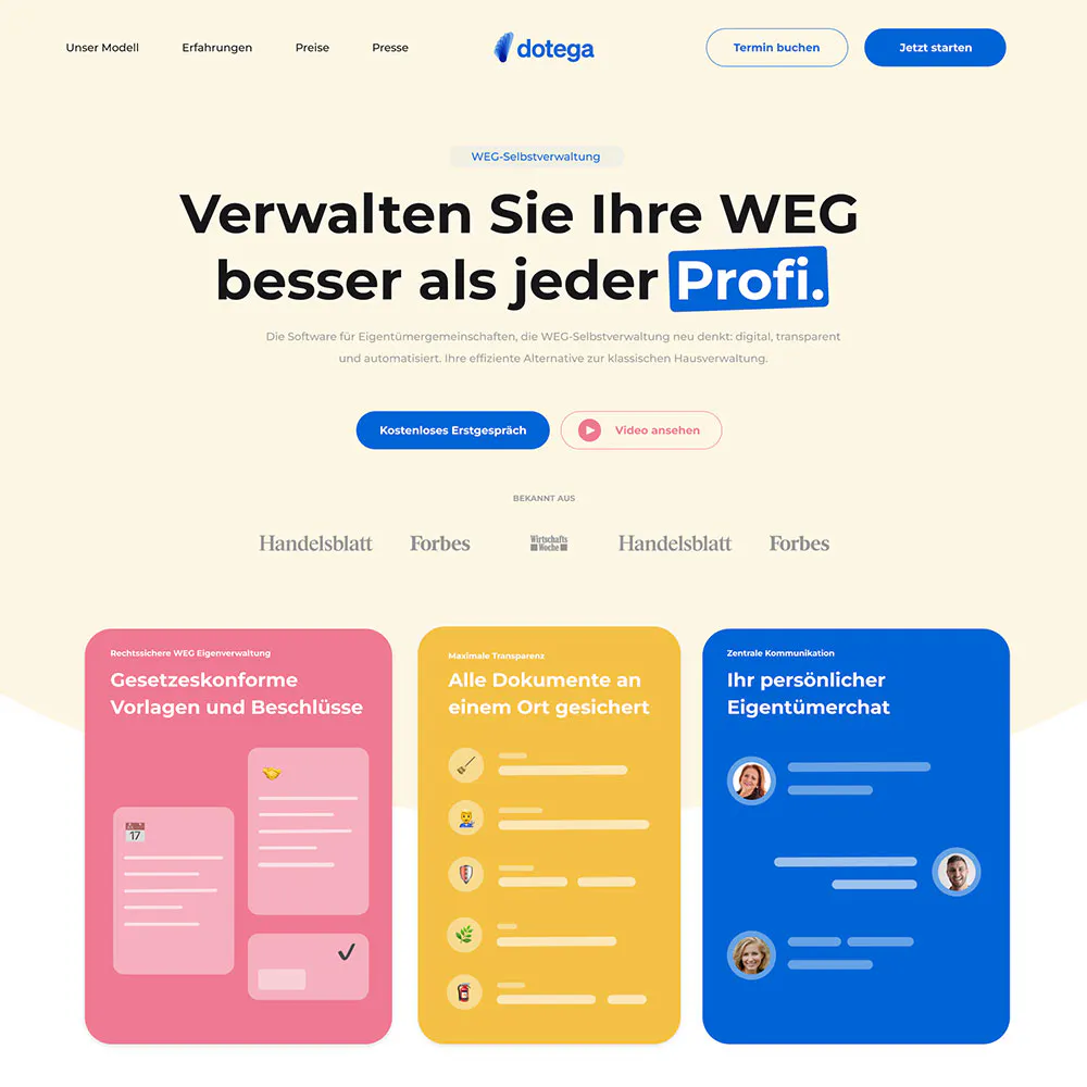 Screenshot der Website von dotega - einer Software für die WEG Selbstverwaltung
