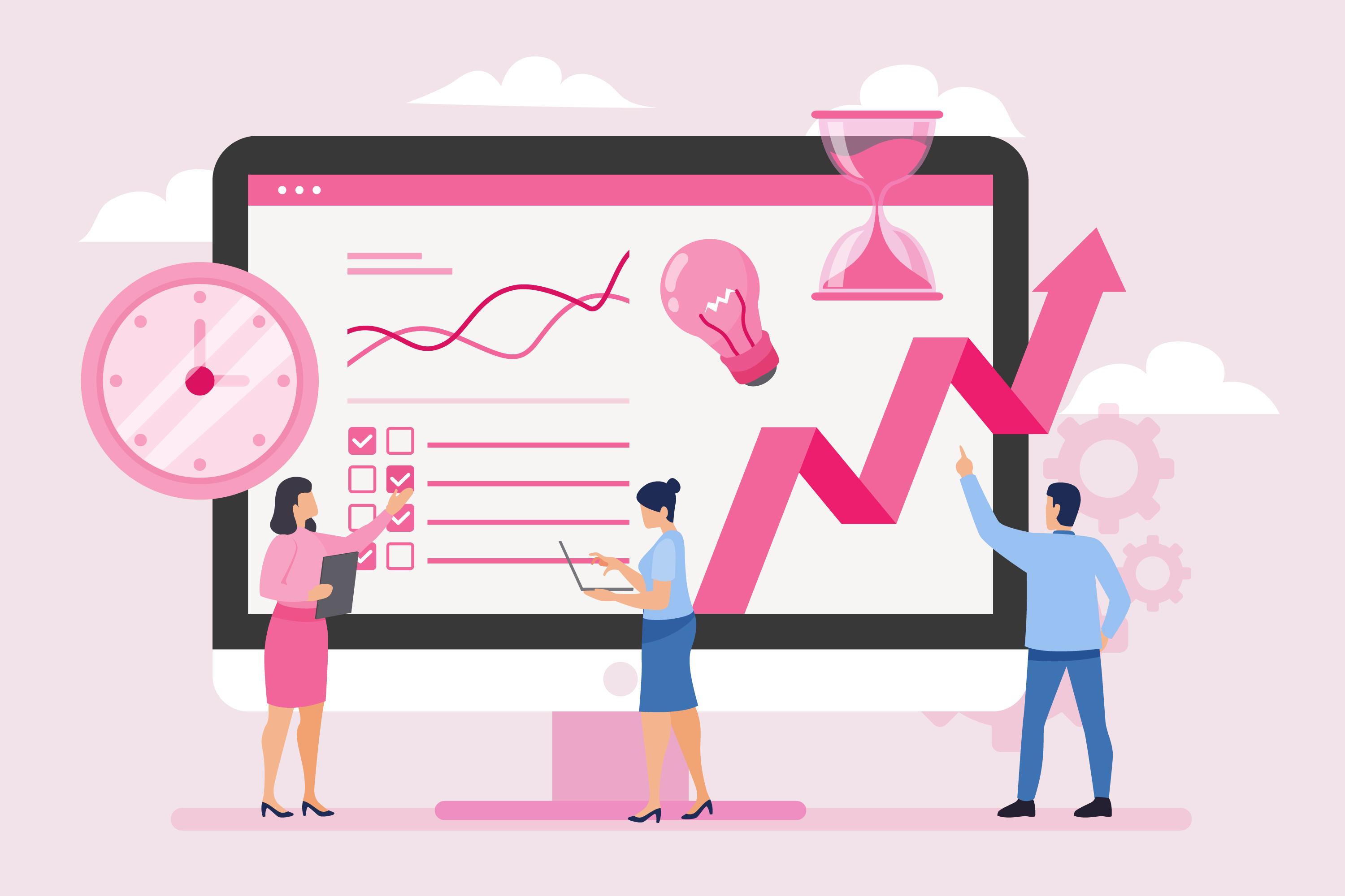 Grafische Darstellung von Bildschirm mit Icons die SEO-Kennzahlen darstellen