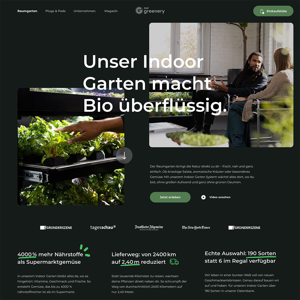 Screenshot der neuen Website von our greenery