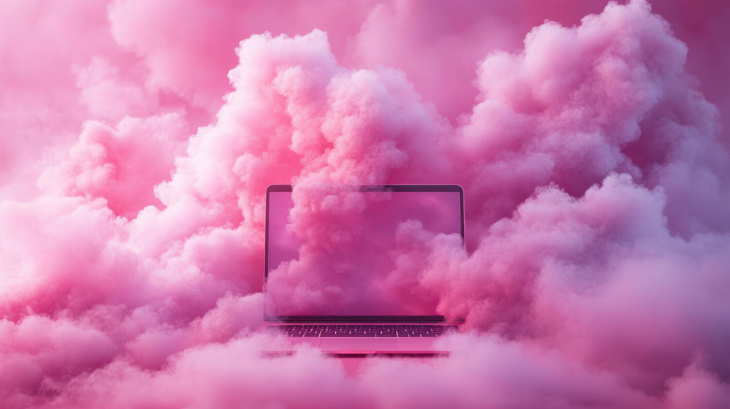Offener Laptop in pinker Wolkenlandschaft als Symbolbild für kreative Webdesign-Trends 2026 und digitale Zukunft