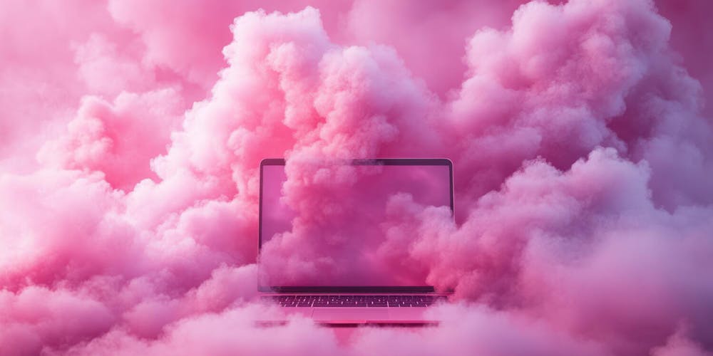 Offener Laptop in pinker Wolkenlandschaft als Symbolbild für kreative Webdesign-Trends 2026 und digitale Zukunft Offener Laptop in pinker Wolkenlandschaft als Symbolbild für kreative Webdesign-Trends 2026 und digitale Zukunft