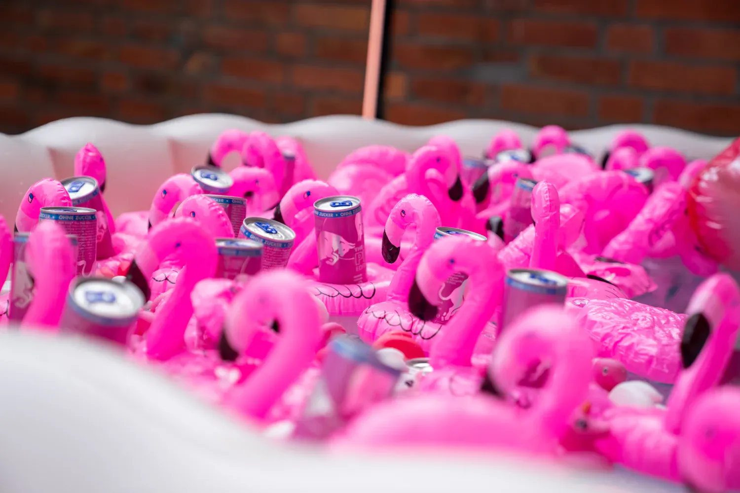 Aufblasbare pinke Flamingos mit Red Bull Pink Edition Dosen im Pool als Eventdekoration