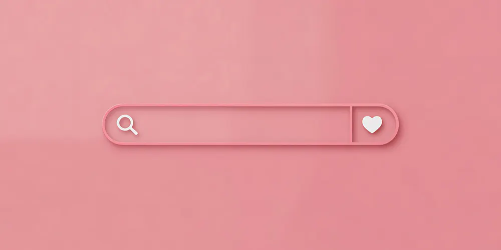 Pinke Suchleiste mit Lupen- und Herz-Symbol als Symbolbild für KI Sichtbarkeit und moderne Suchmaschinen Pinke Suchleiste mit Lupen- und Herz-Symbol als Symbolbild für KI Sichtbarkeit und moderne Suchmaschinen