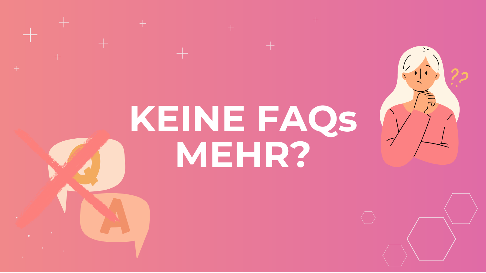 Titelbild mit pinkem Hintergrund, durchgestrichenen Q-A-Sprechblasen und einer Person mit Fragezeichen neben dem Kopf
