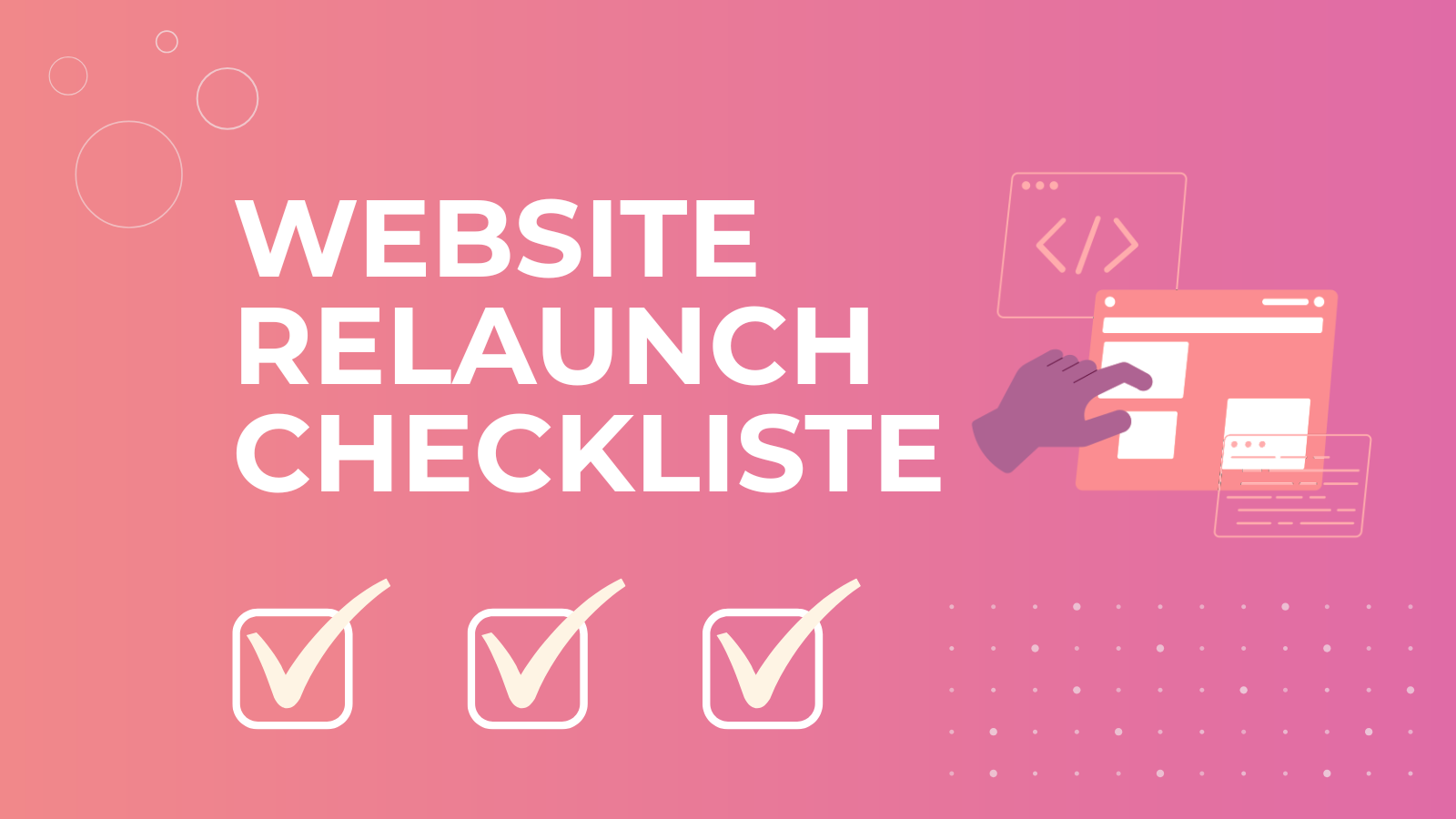  Blog Cover mit dem Text "Website Relaunch Checkliste" auf pinkem Hintergrund mit Checkmarks und einem Website-Icon