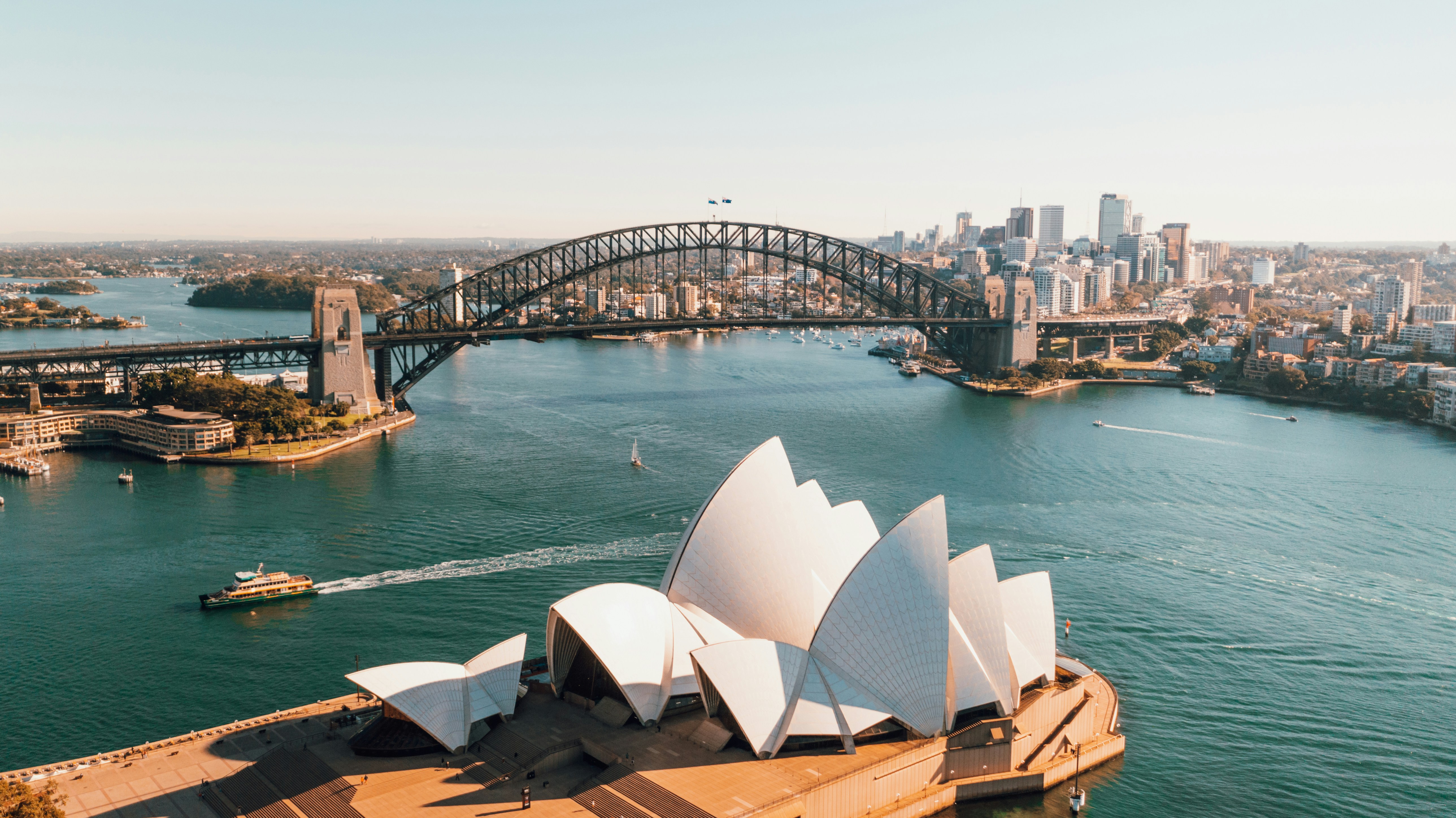 Aerial view of Sydney Opera House and Harbour Bridge, Australia