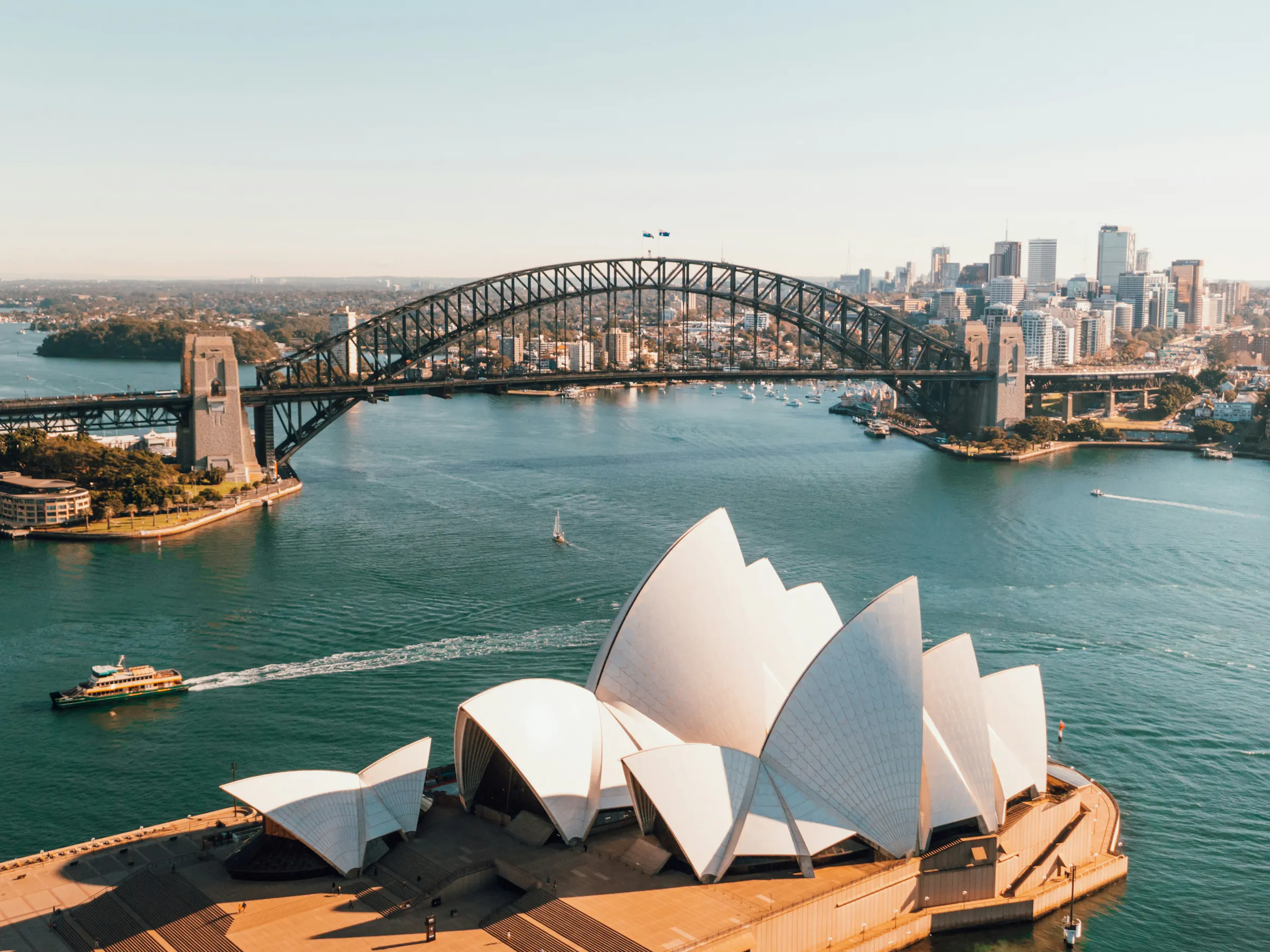 Aerial view of Sydney Opera House and Harbour Bridge, Australia