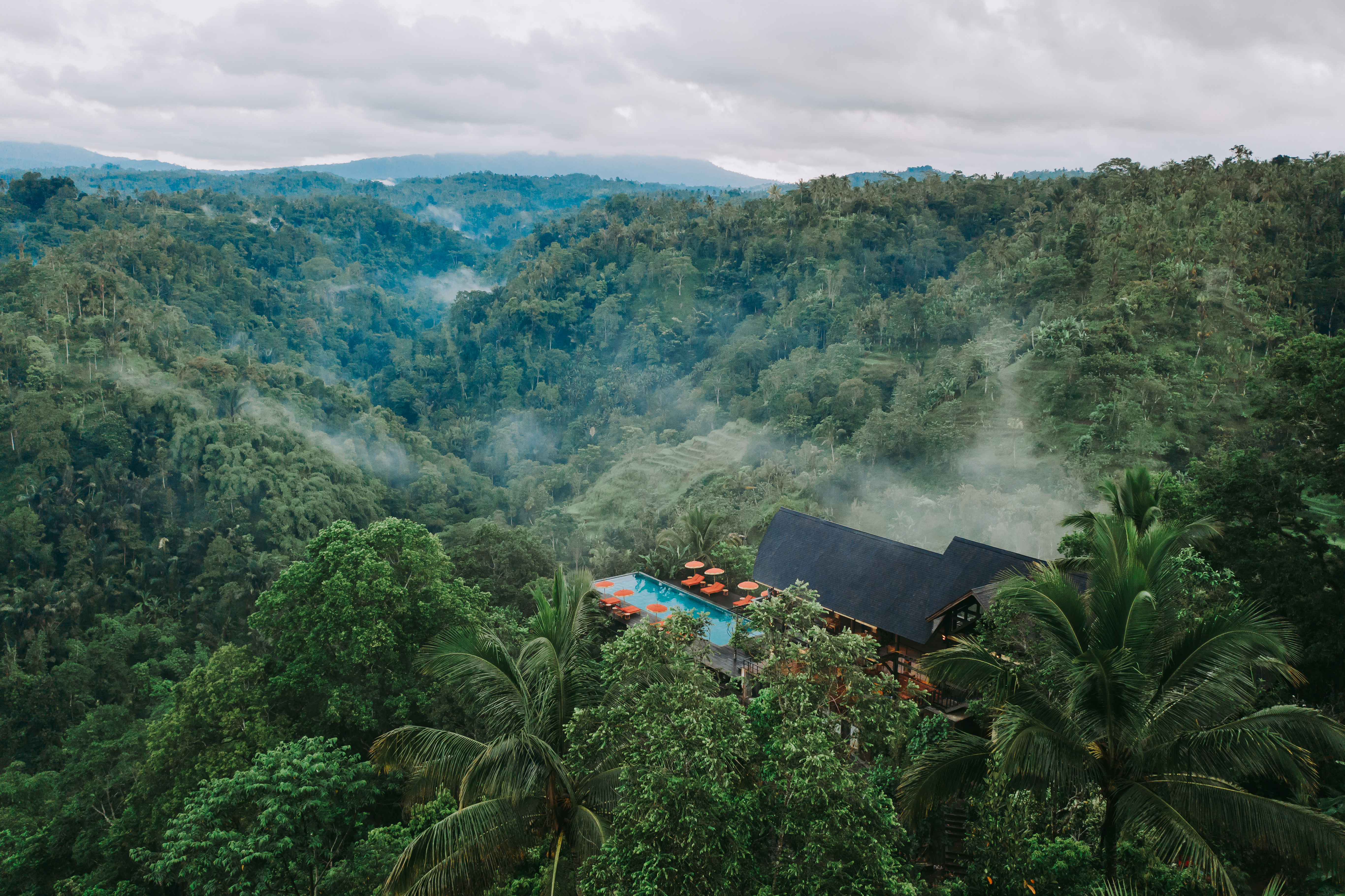 An aerial view of a jungle lodge perched among palm trees on a ridge above a misty, densely forested valley in Bali's Ubud highlands.