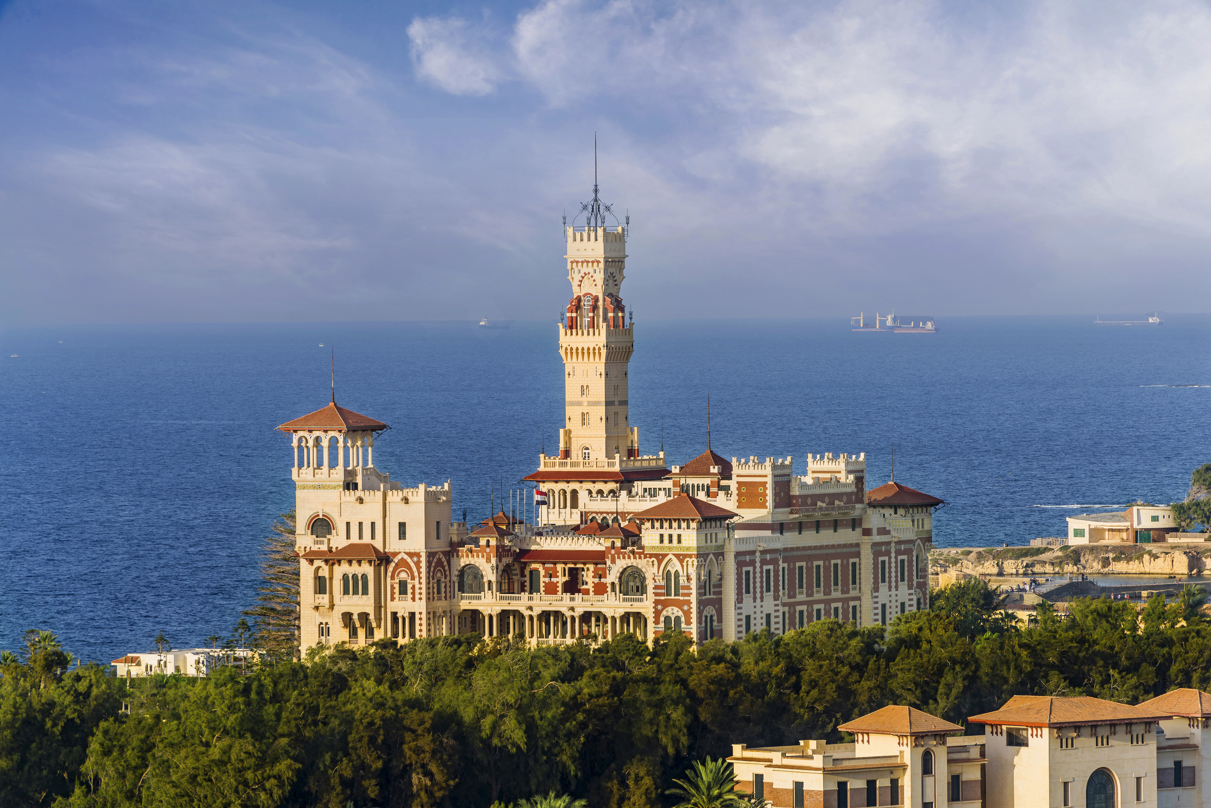 Montaza Palace and clock tower overlooking the Mediterranean Sea in Alexandria, Egypt