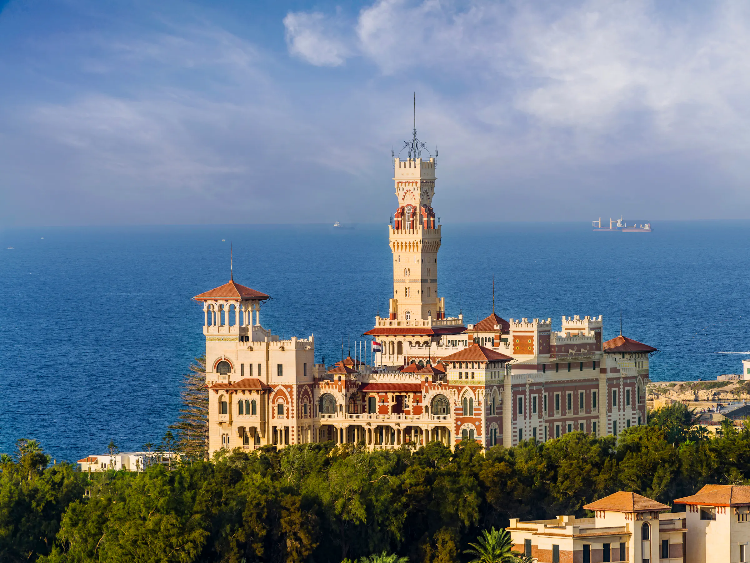 Montaza Palace and clock tower overlooking the Mediterranean Sea in Alexandria, Egypt