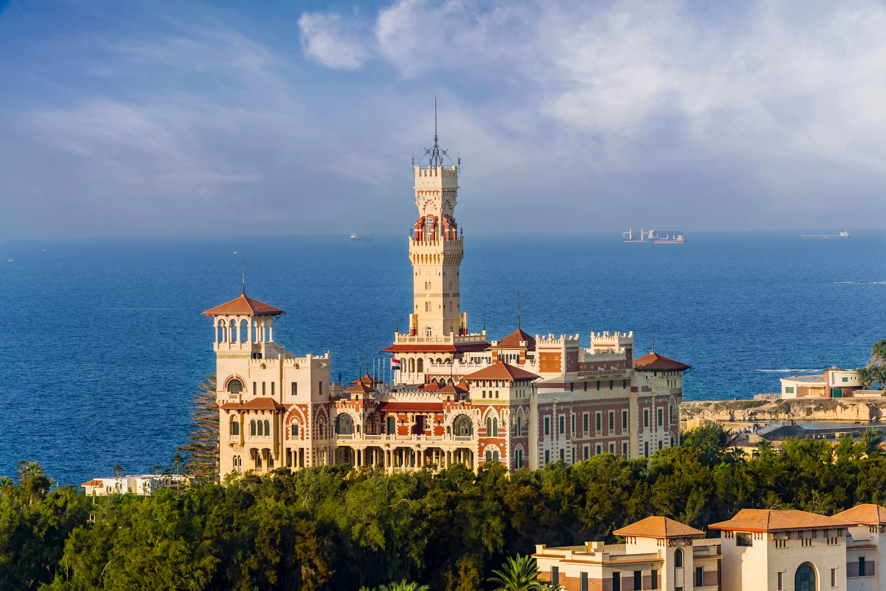 Montaza Palace and clock tower overlooking the Mediterranean Sea in Alexandria, Egypt