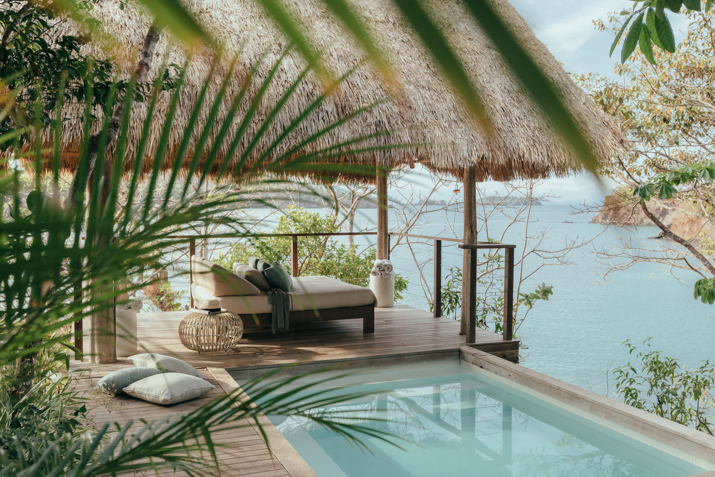 Overwater daybed and private plunge pool at a casita overlooking the ocean at Islas Secas, Panama