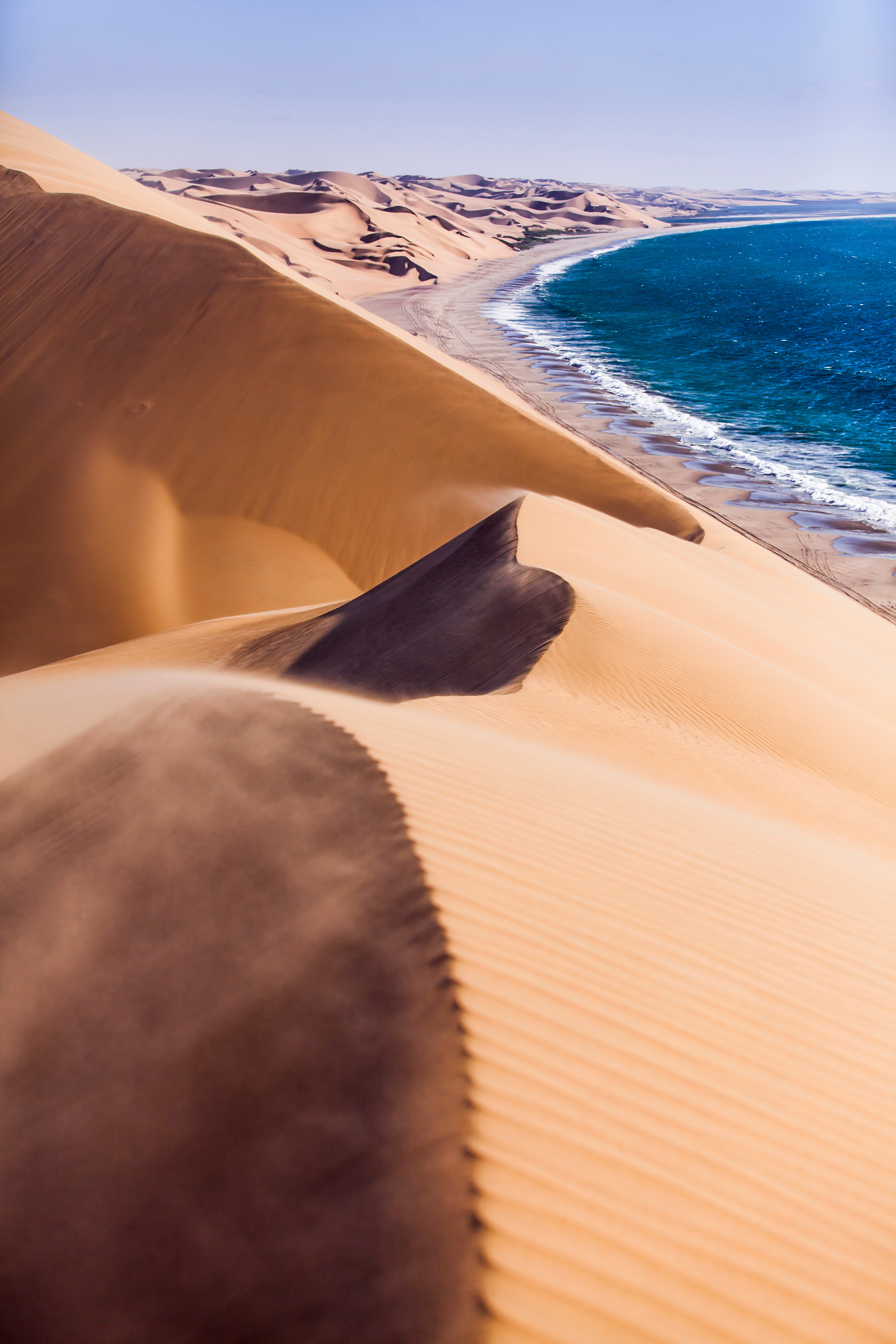 Namib Desert sand dunes meeting Atlantic Ocean, Sandwich Harbour Namibia