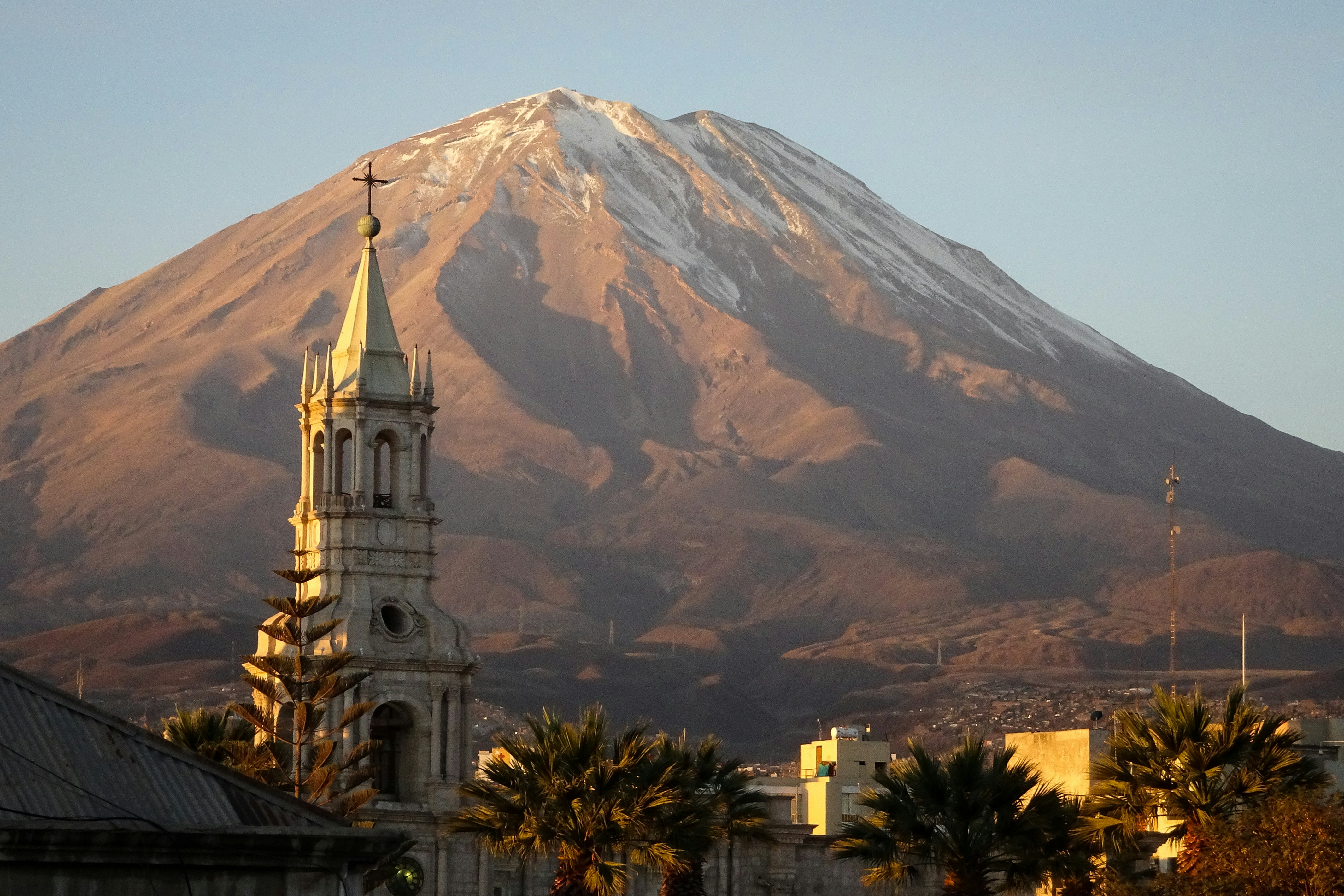 El Misti volcano and cathedral bell tower, Arequipa Peru
