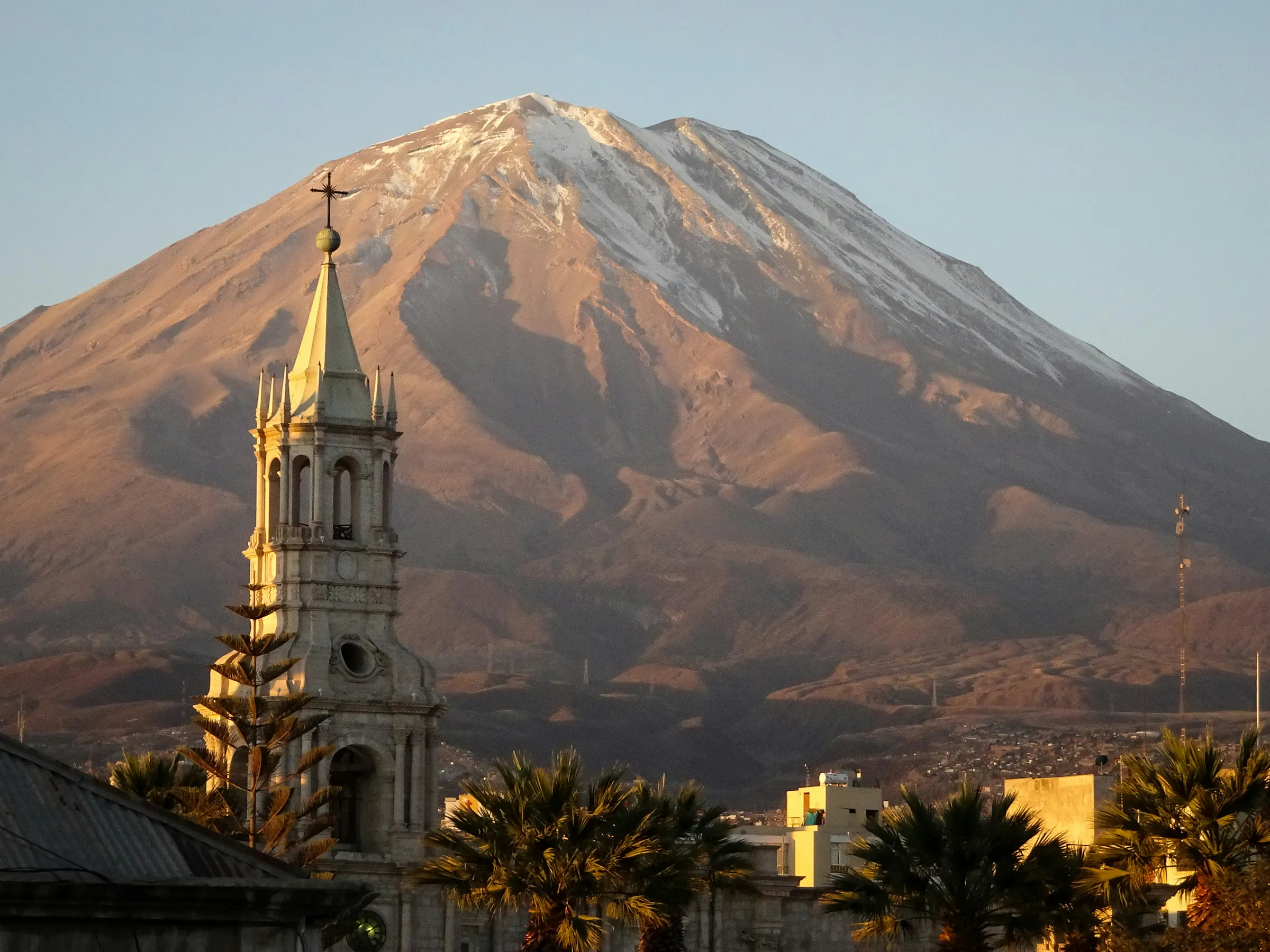 El Misti volcano and cathedral bell tower, Arequipa Peru