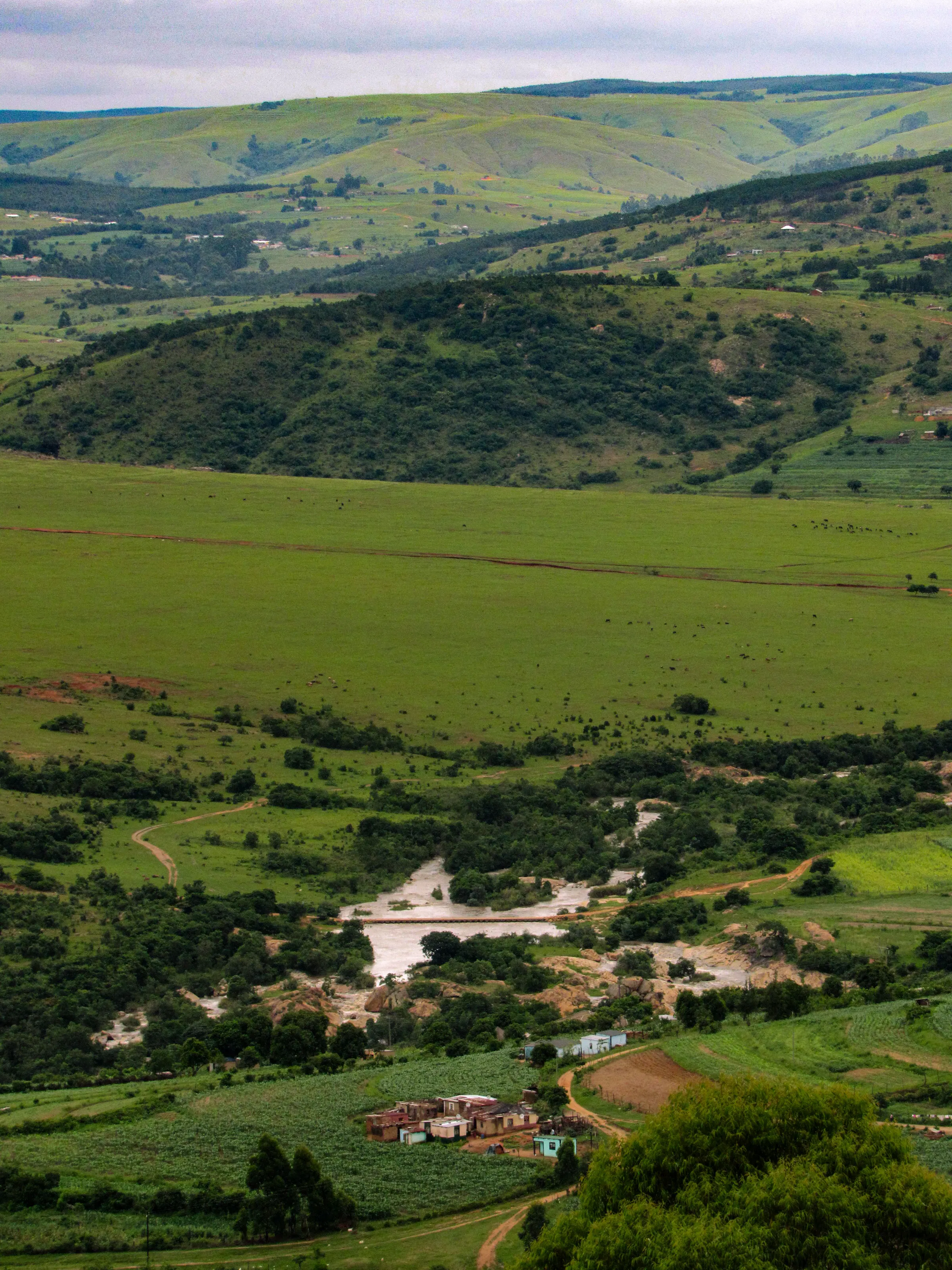 Lush green valley with river and village, Eastern Cape South Africa