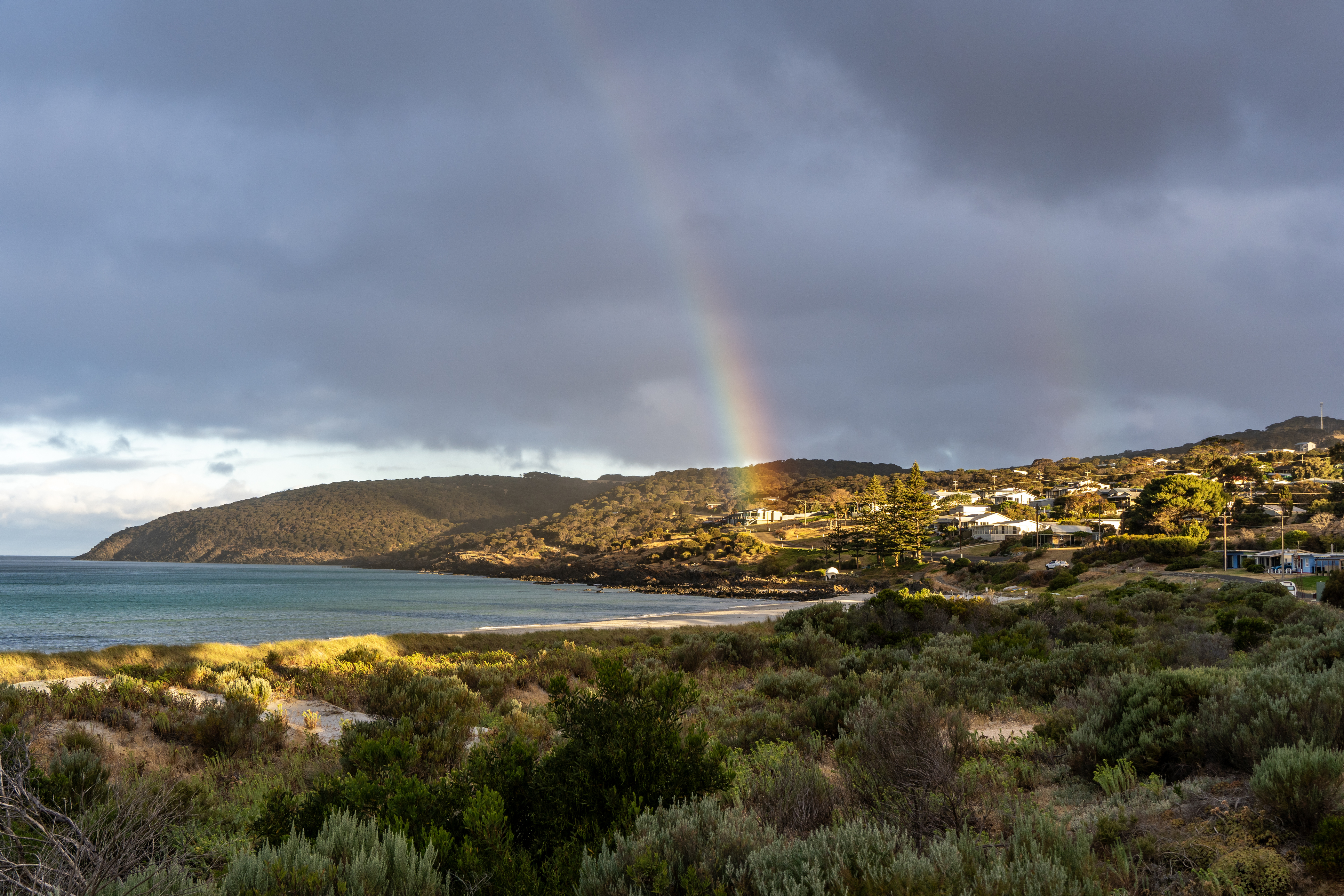 Rainbow over Penneshaw bay and coastal town, Kangaroo Island Australia