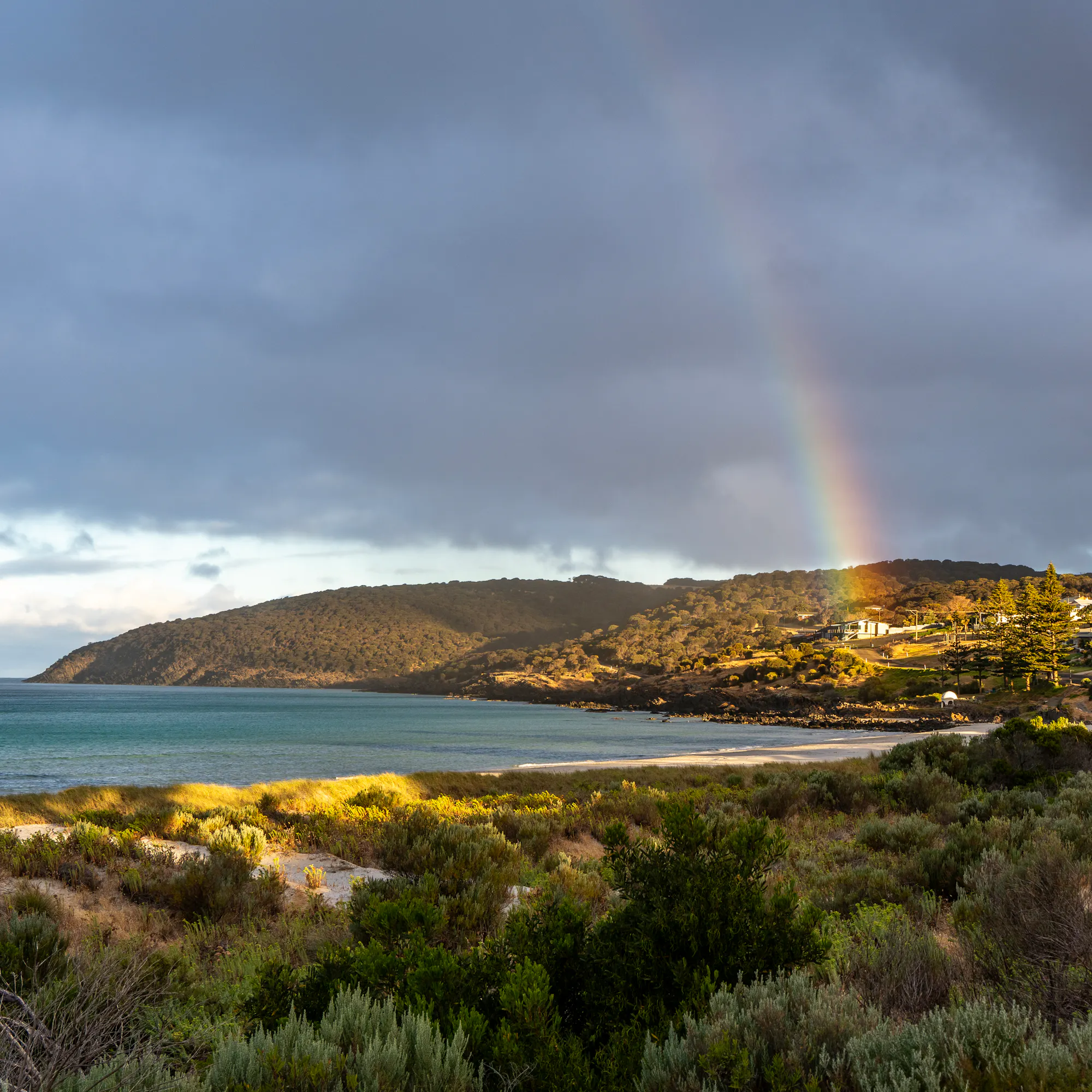 Rainbow over Penneshaw bay and coastal town, Kangaroo Island Australia