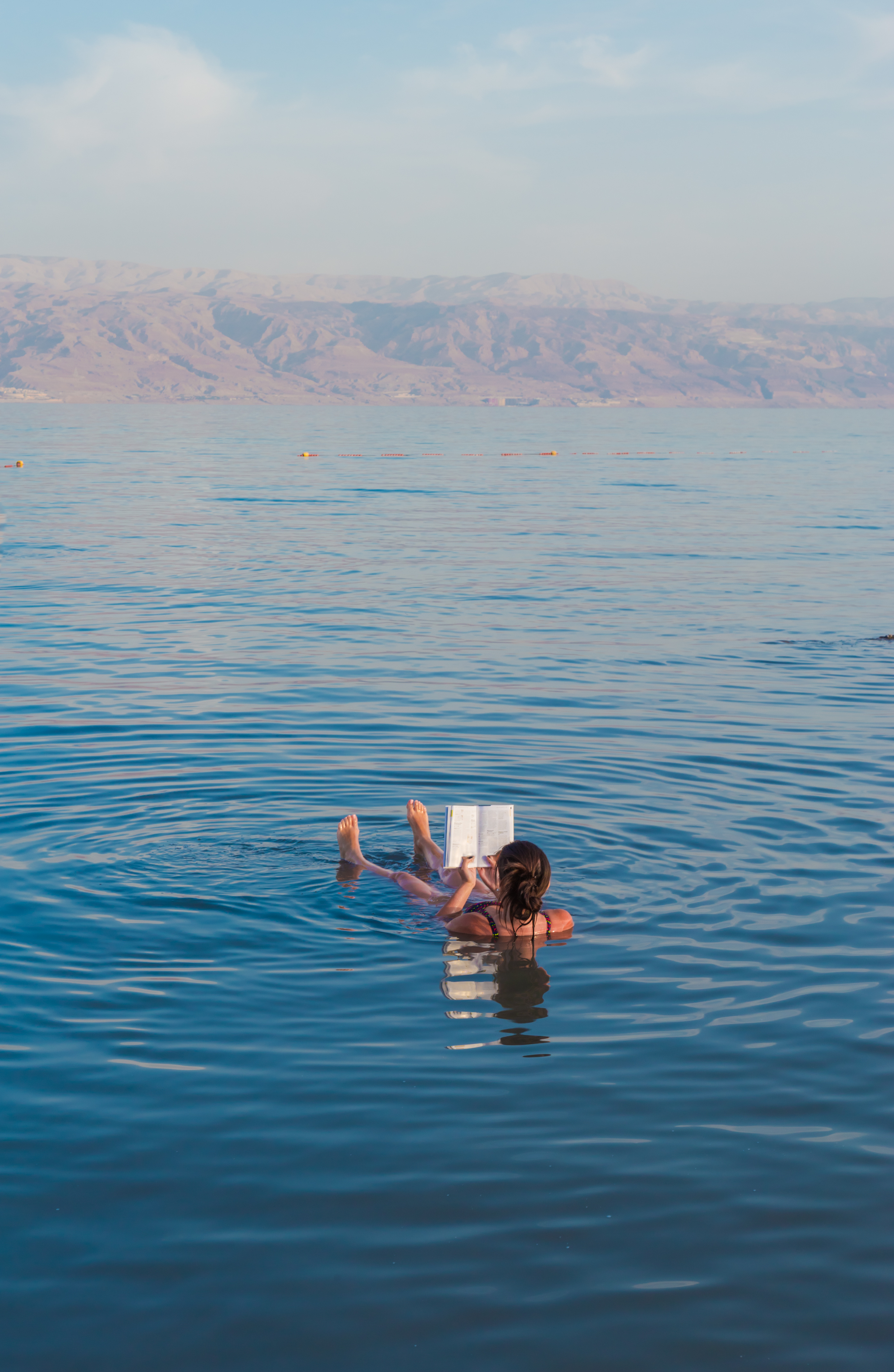 Woman reading a book while floating in the Dead Sea, Jordan