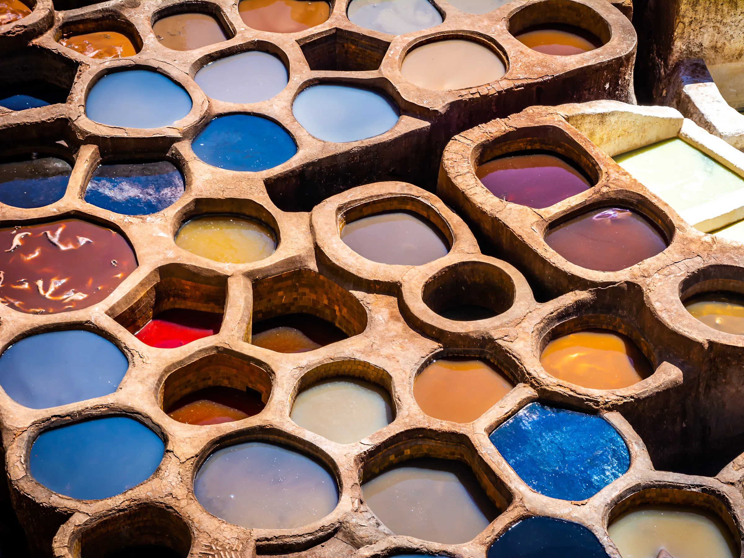 Colorful leather dye pits at Chouara Tannery, Fez Morocco
