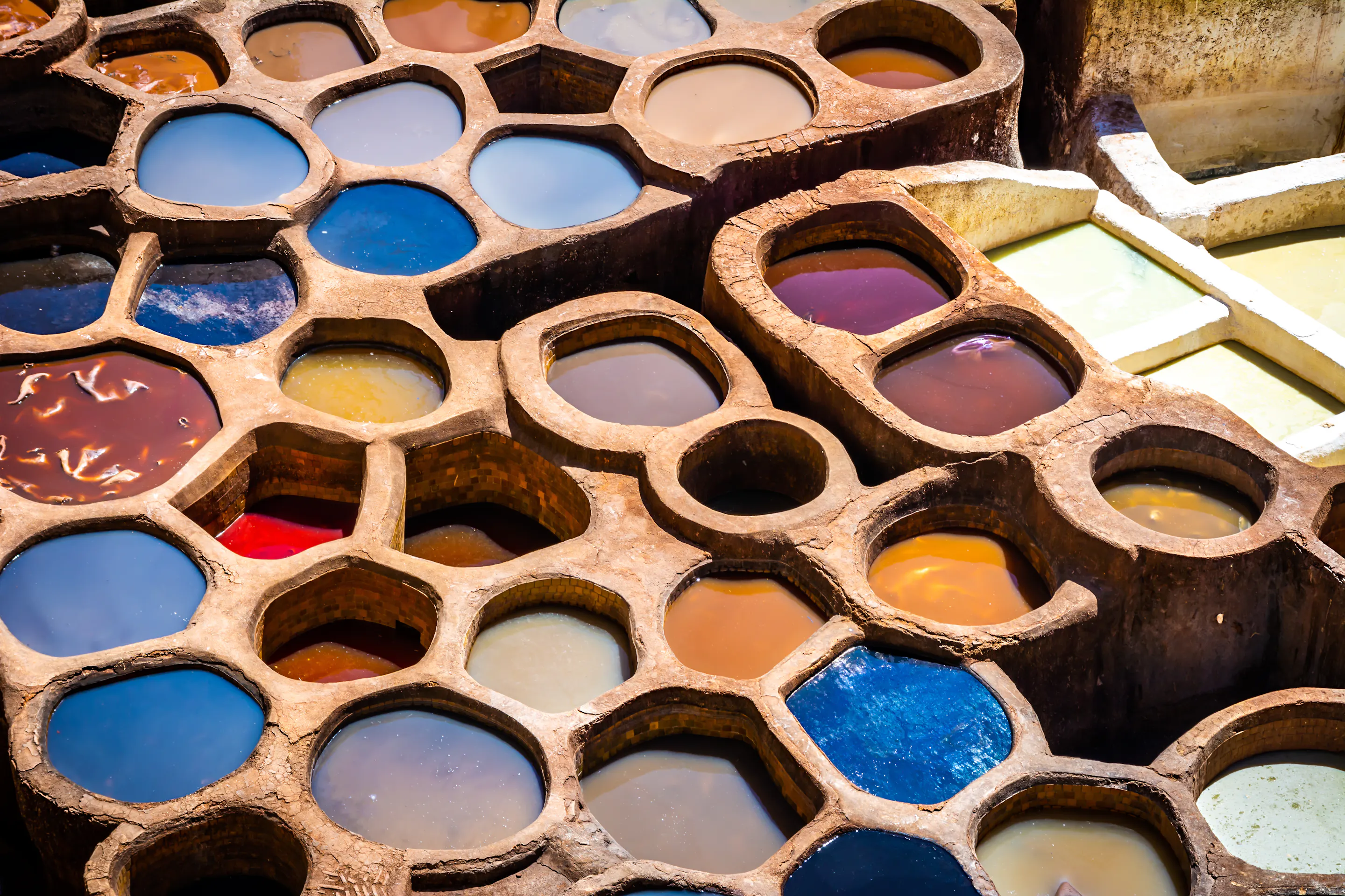 Colorful leather dye pits at Chouara Tannery, Fez Morocco