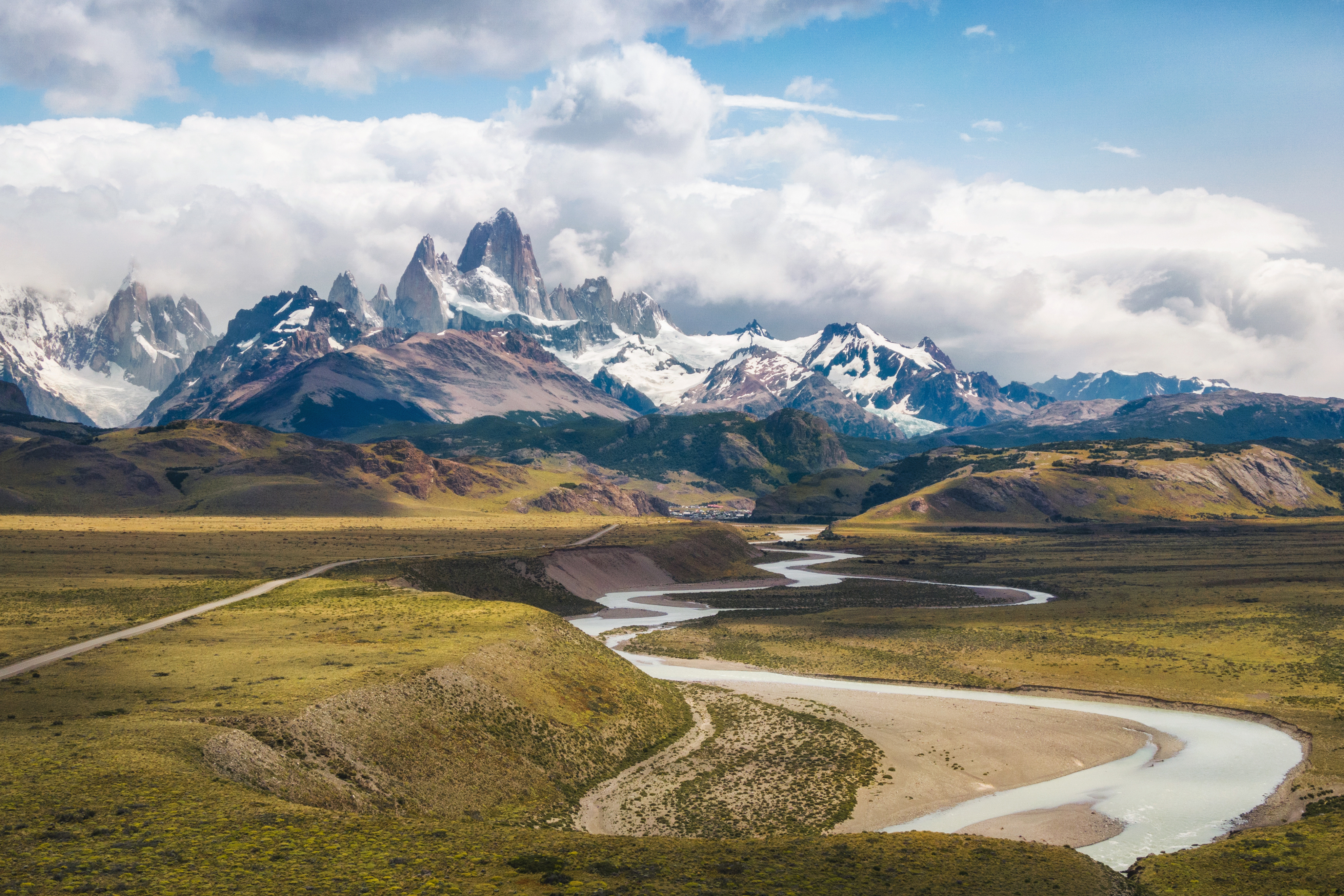 Mount Fitz Roy peaks and winding river valley in El Chaltén, Patagonia, Argentina