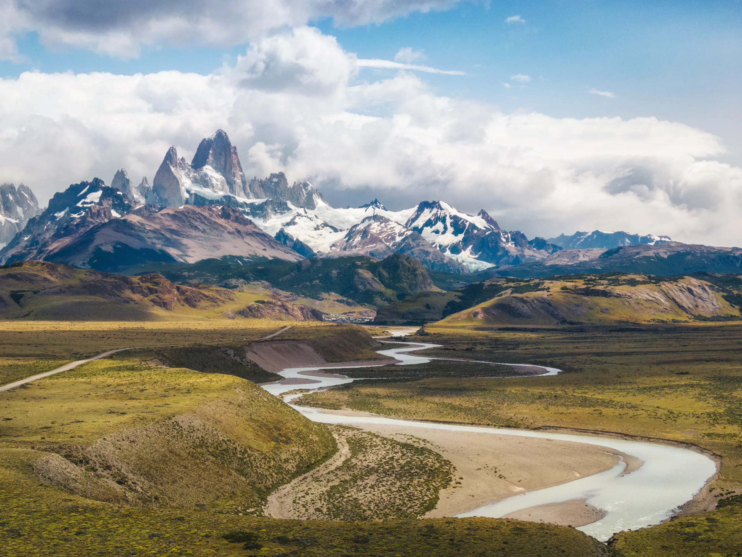 Mount Fitz Roy peaks and winding river valley in El Chaltén, Patagonia, Argentina