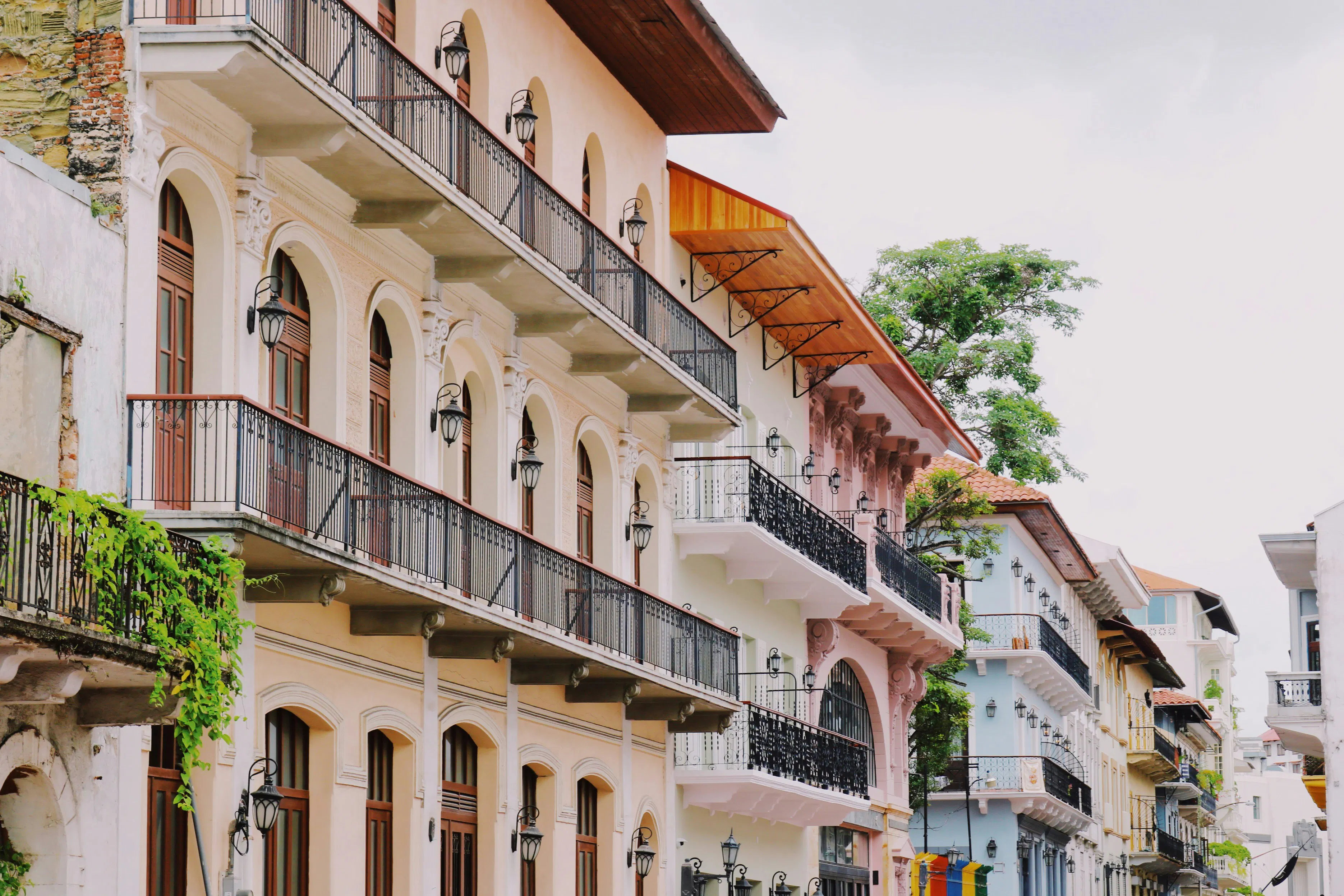 Colorful colonial balconies and lanterns lining a street in Casco Viejo, Panama City