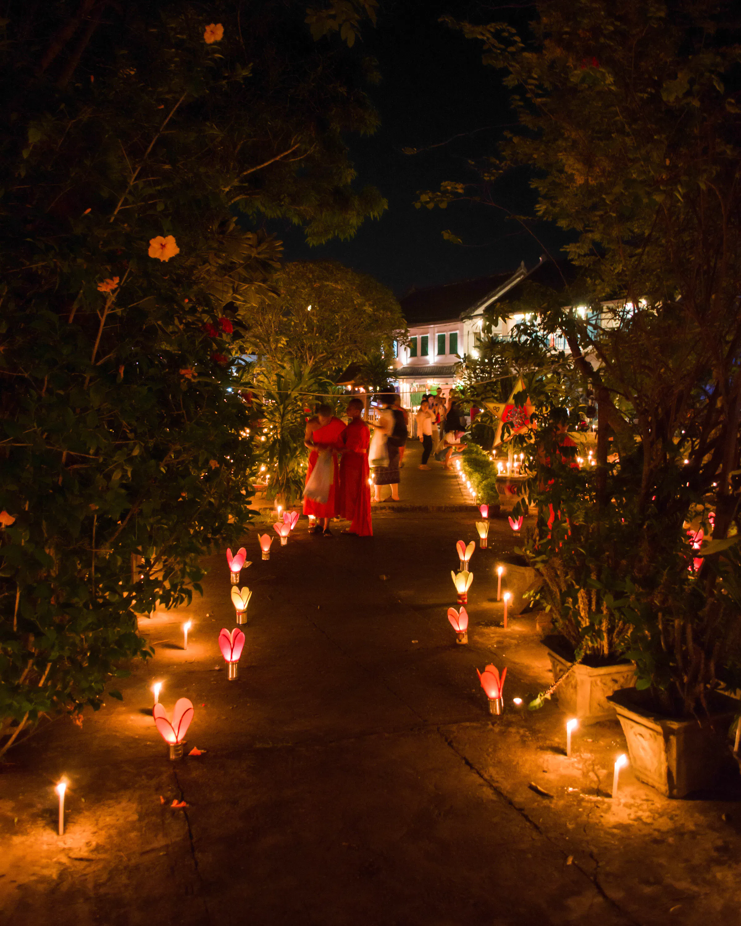 Monks in orange robes walk along a candlelit garden path in Luang Prabang, Laos, lined with glowing lotus-shaped paper lanterns