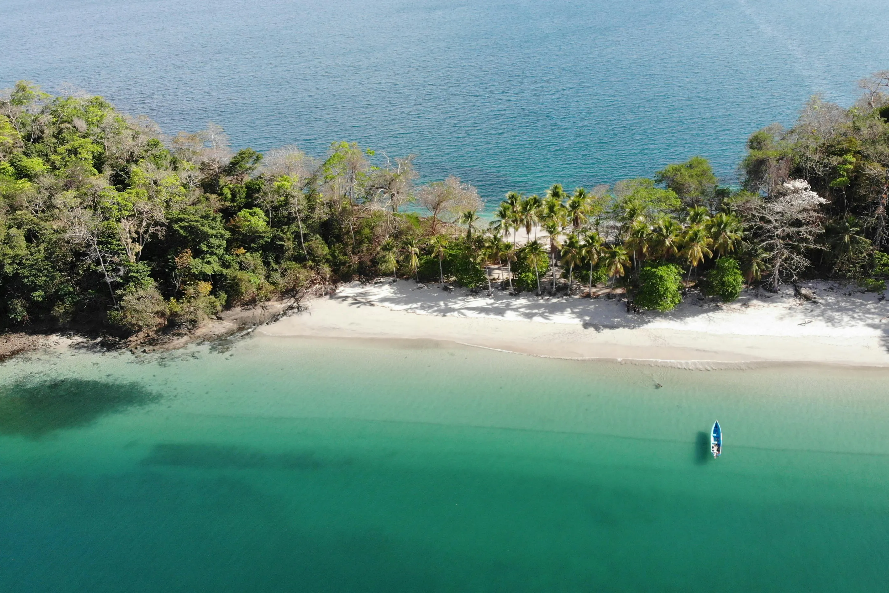 Aerial view of a secluded white-sand beach and turquoise water in the Gulf of Chiriquí, Panama