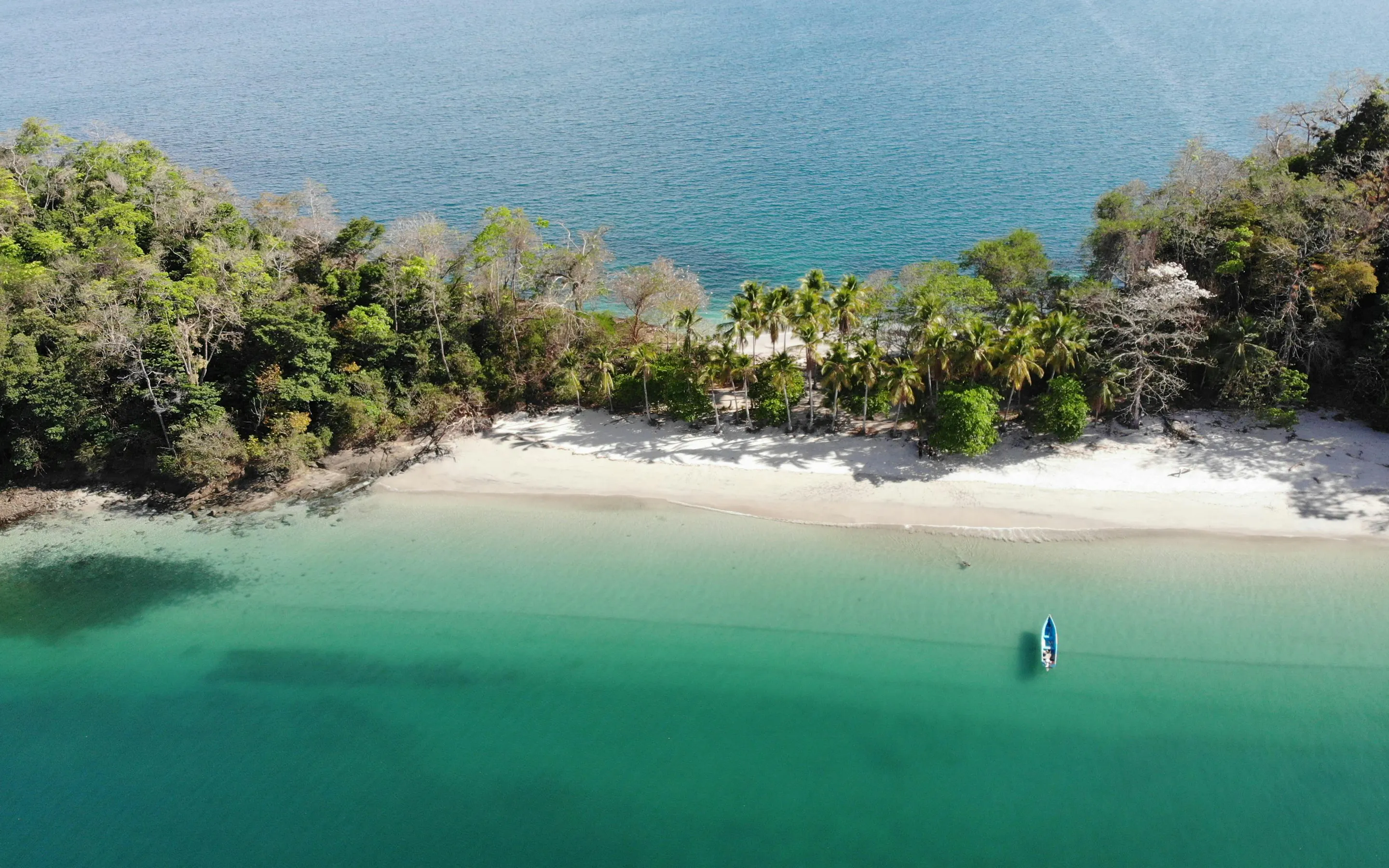 Aerial view of a secluded white-sand beach and turquoise water in the Gulf of Chiriquí, Panama