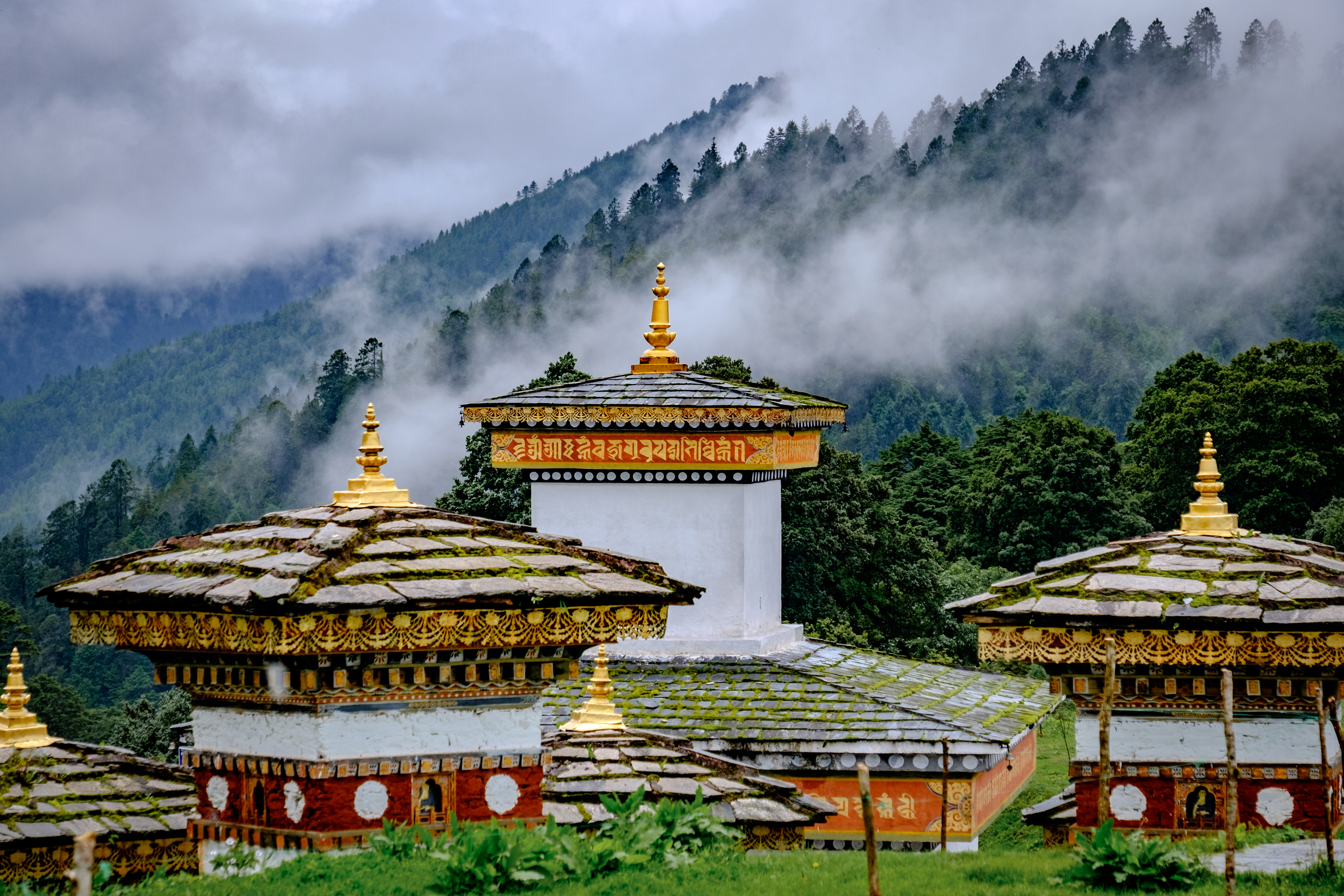 108 memorial chortens at misty Dochula Pass, Bhutan