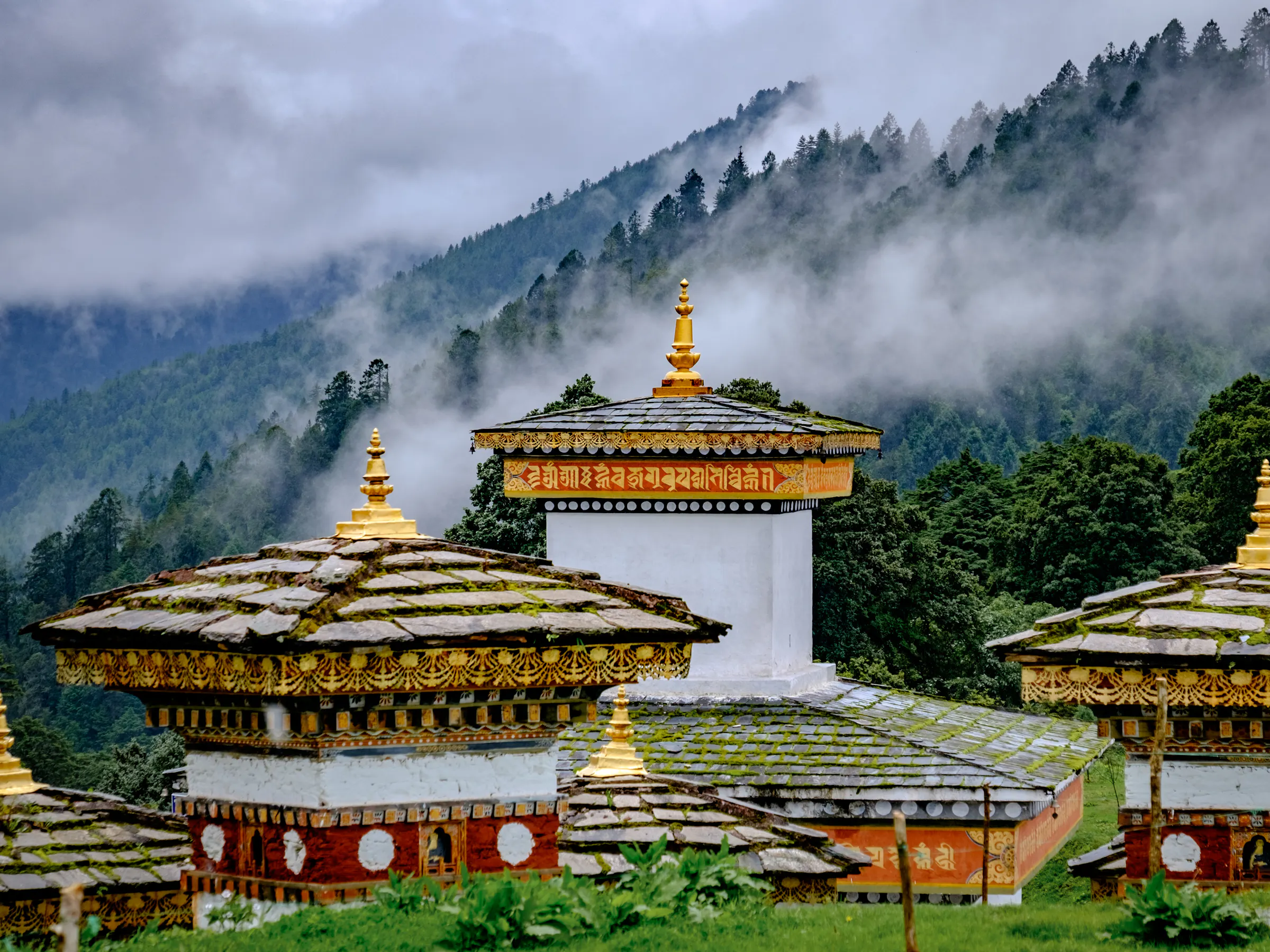 108 memorial chortens at misty Dochula Pass, Bhutan