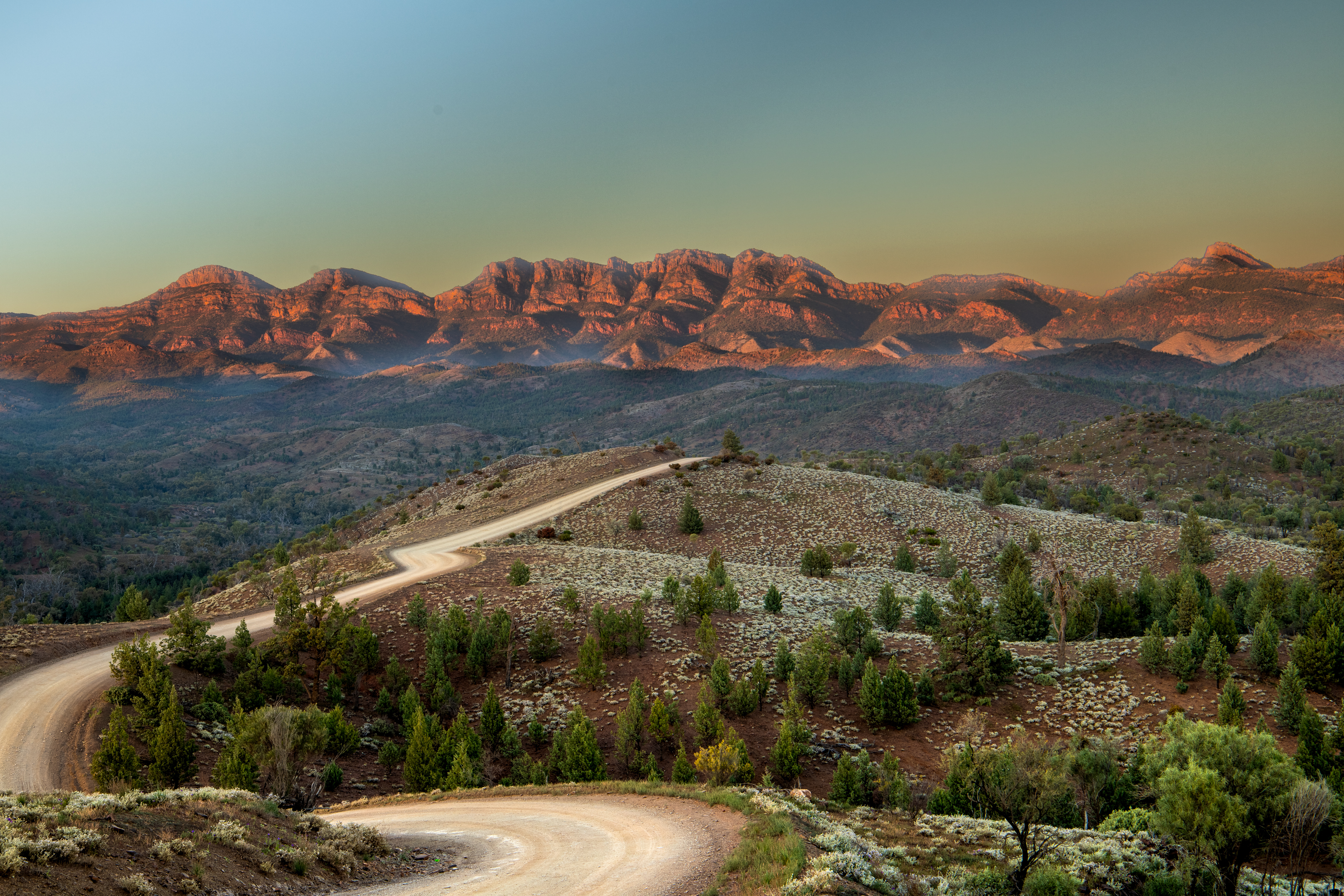 Winding outback road toward Flinders Ranges at sunset, South Australia