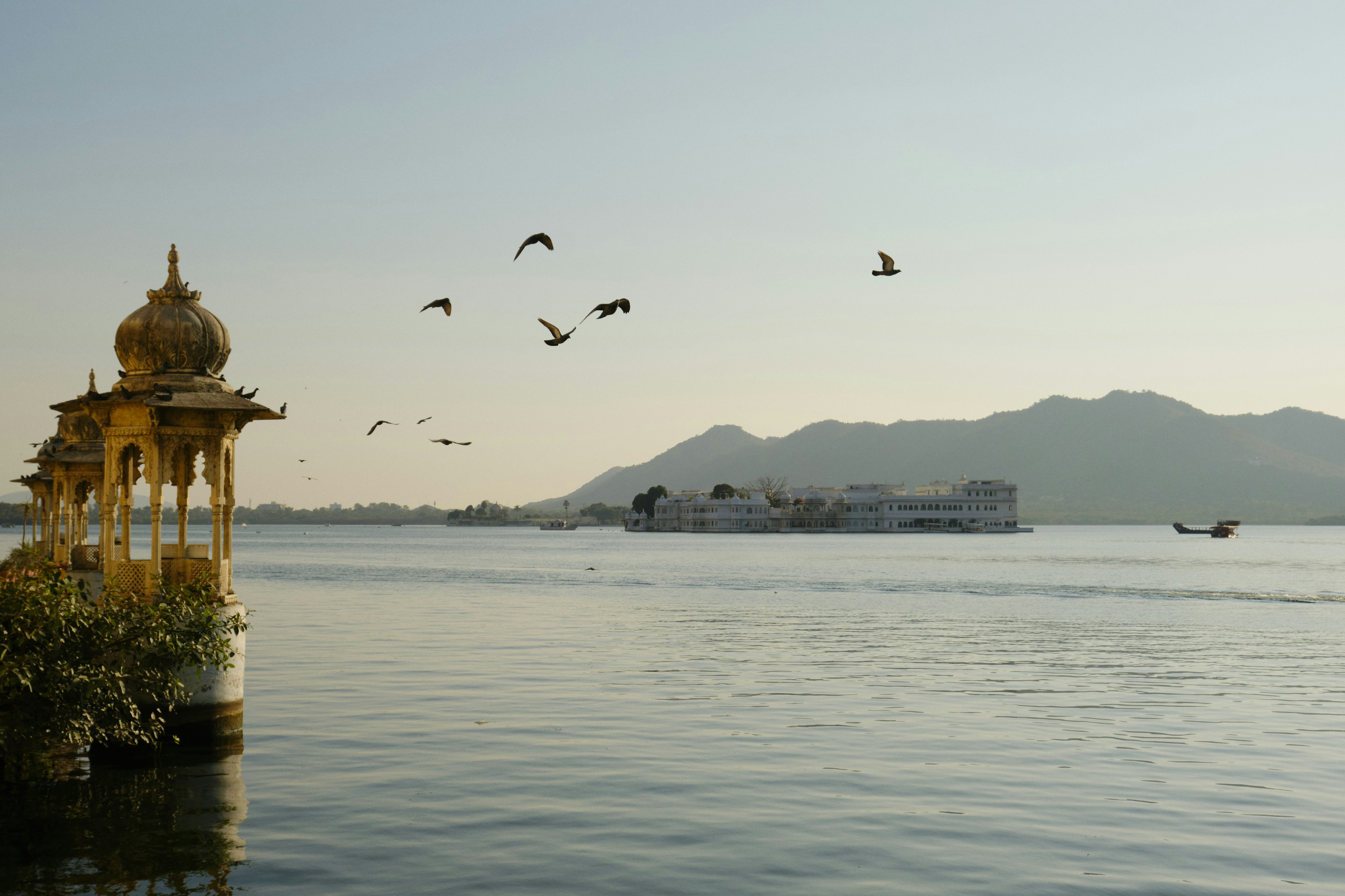 Marble chattri and Lake Palace at sunrise, Lake Pichola Udaipur