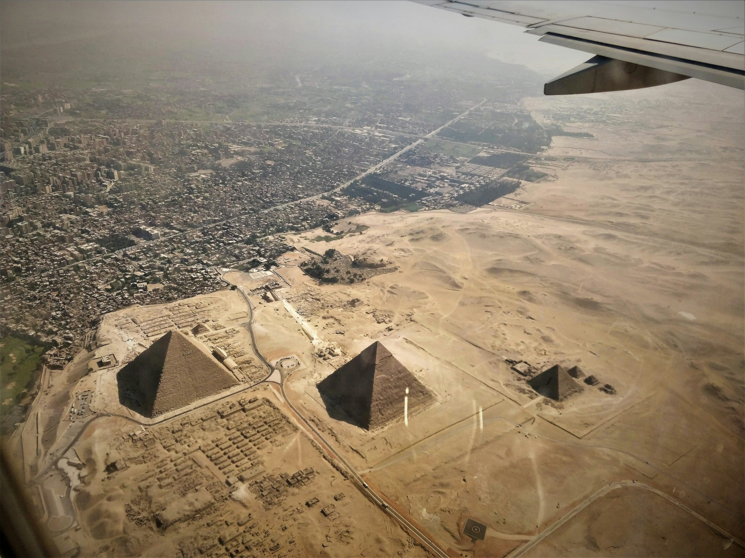 Aerial perspective of the Pyramids of Giza