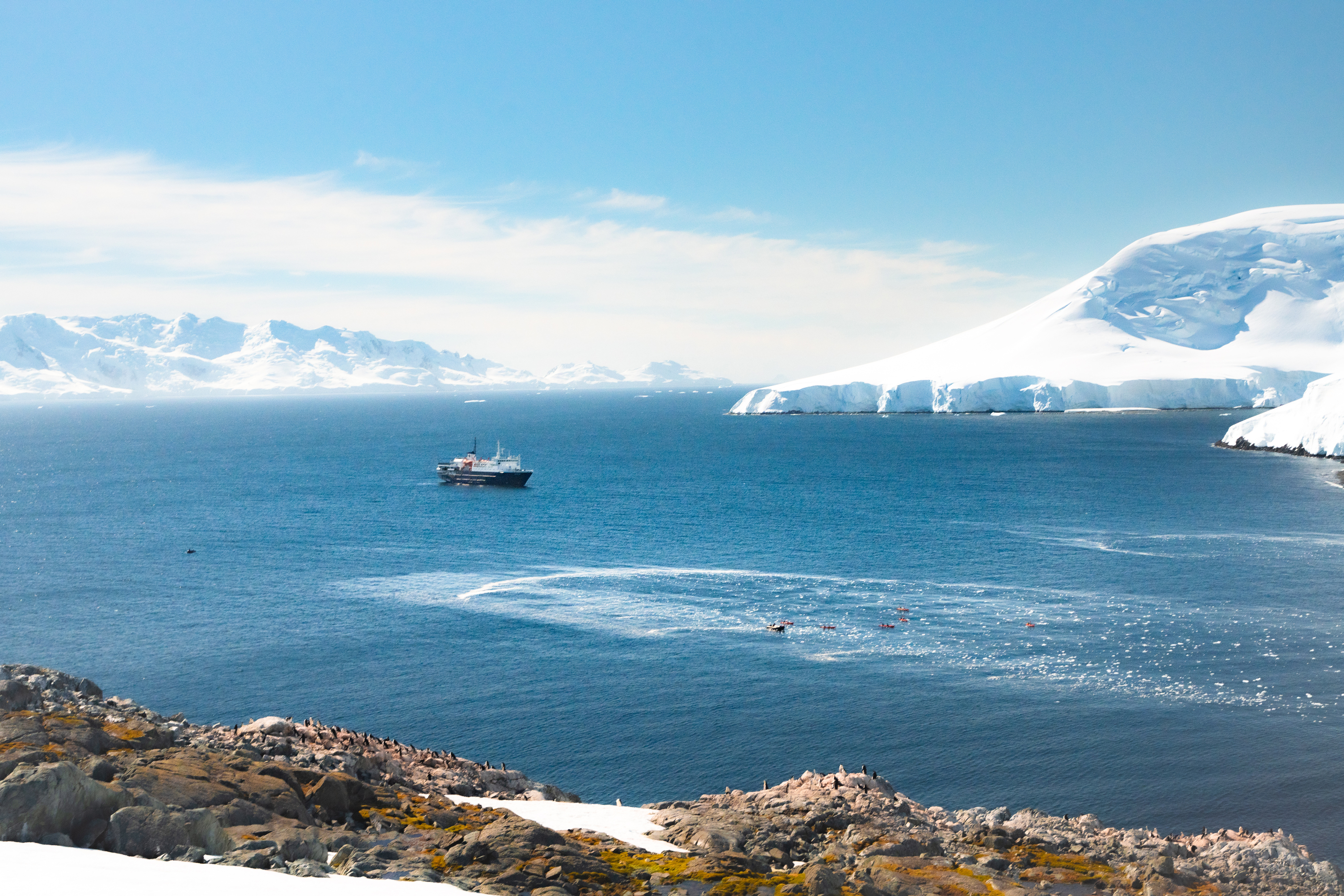 Expedition cruise ship and kayakers near icebergs in Antarctica