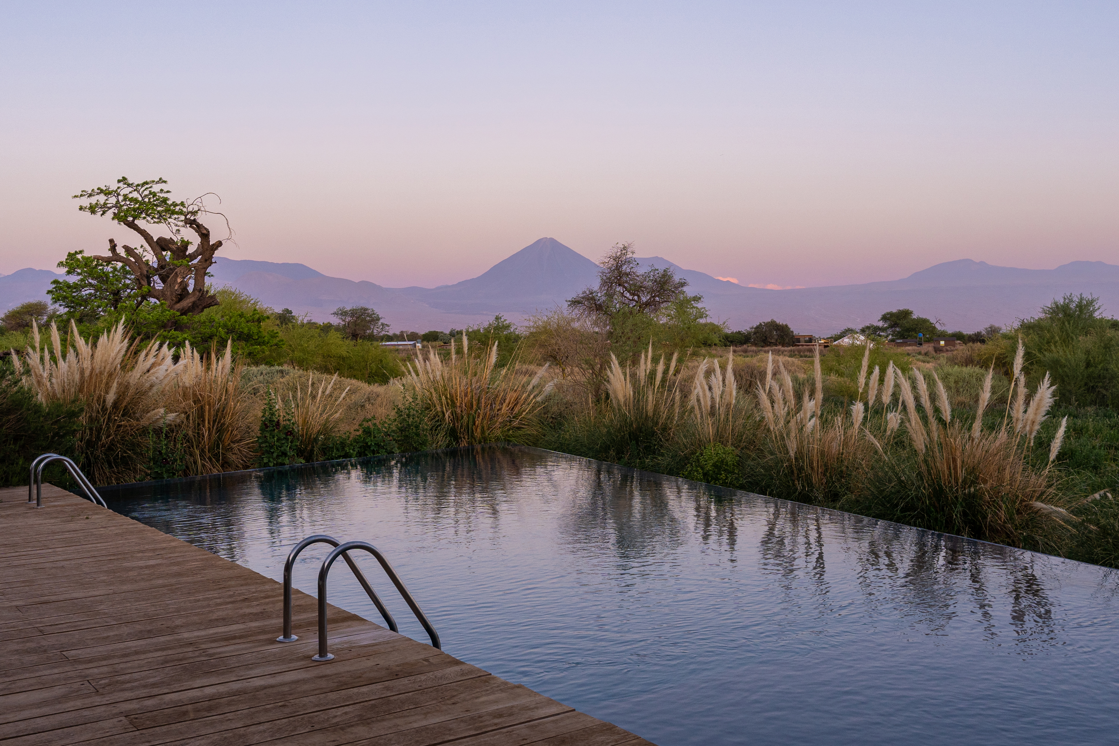 Outdoor pool reflects pink twilight sky, bordered by desert plants and distant mountains under fading evening light near the horizon.