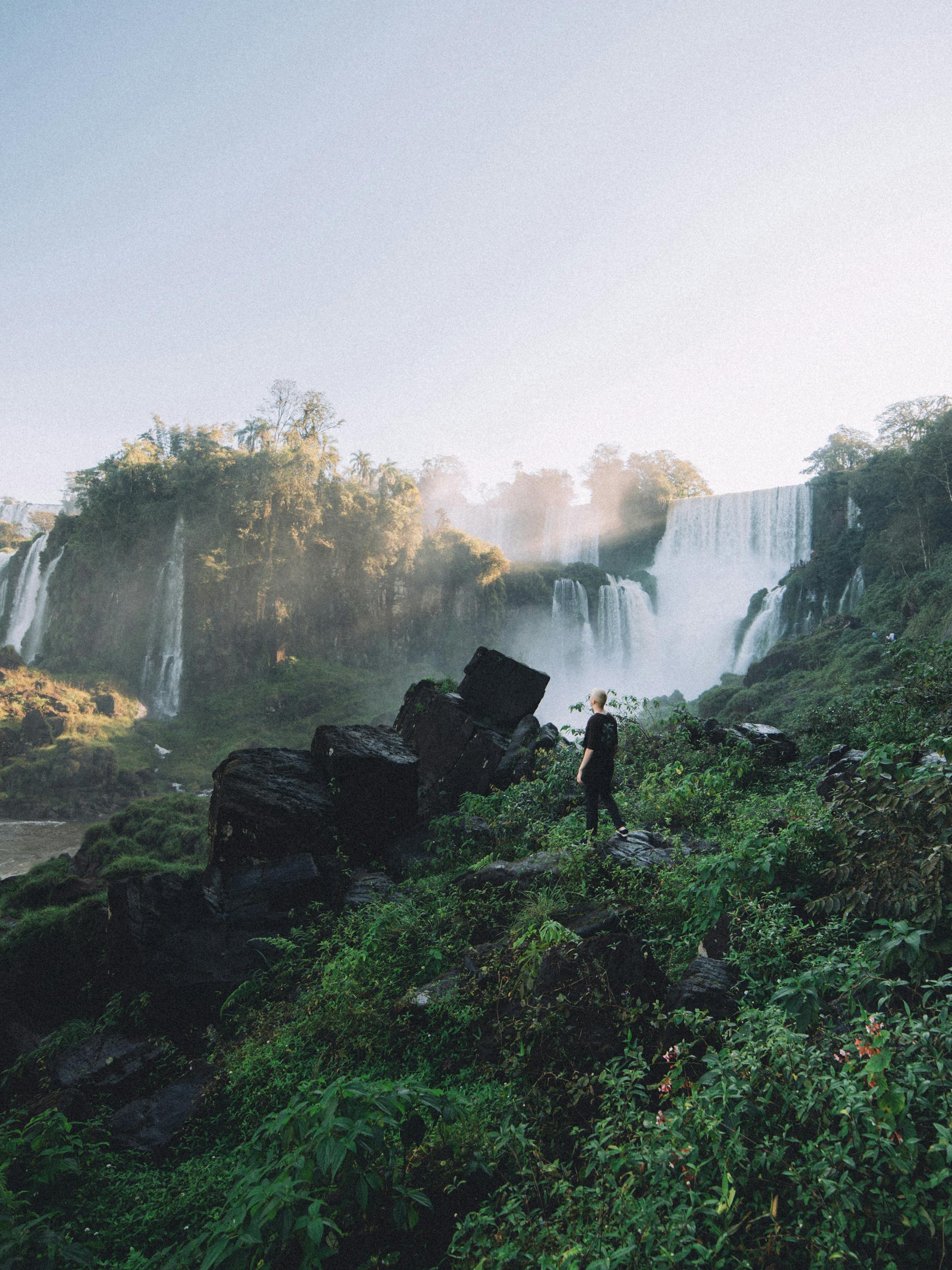 Waterfalls pour over a wide cliff into misty gorge, surrounded by lush green forest and drifting spray below.