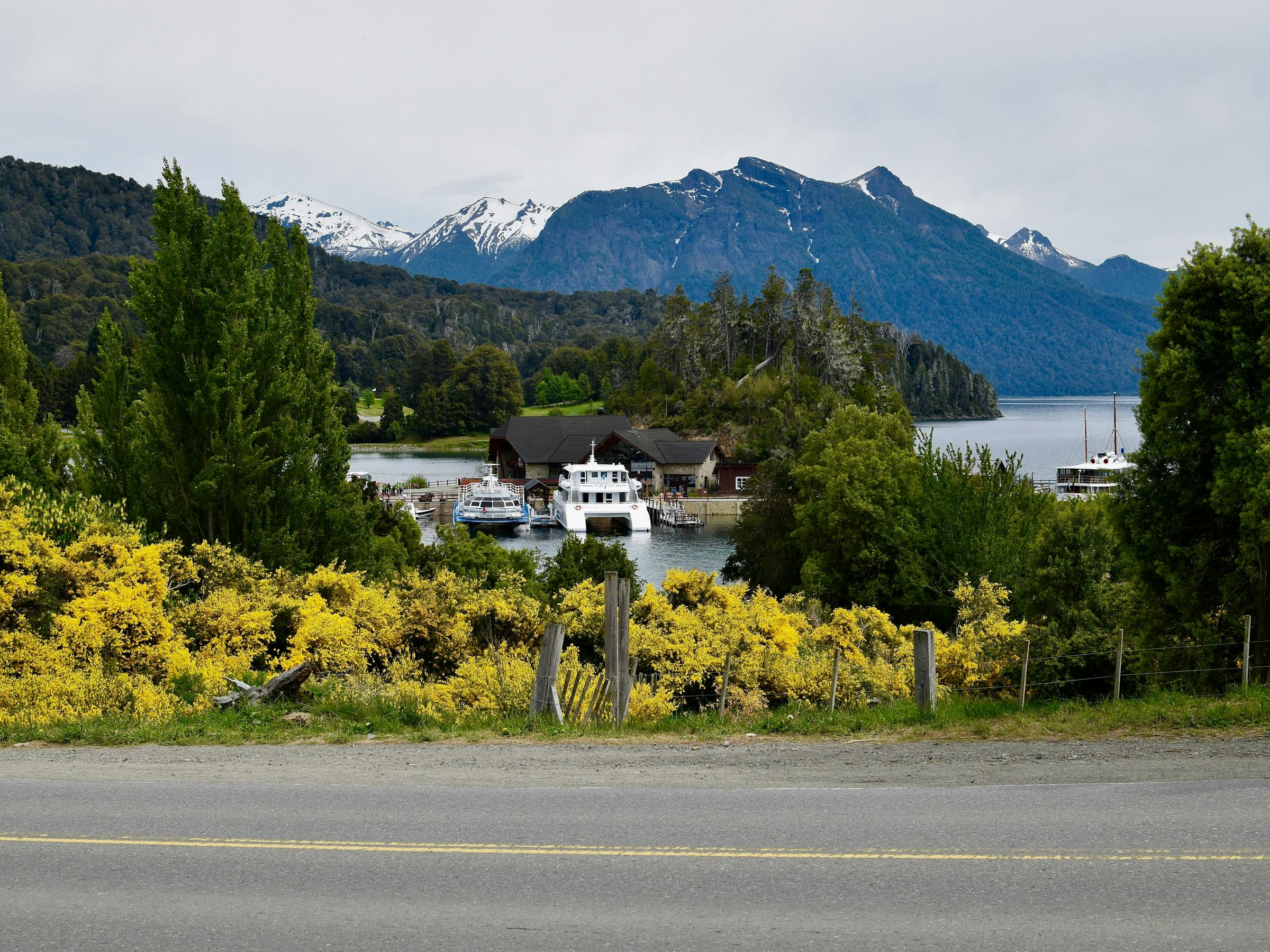 Quiet road passes yellow flowering shrubs toward a lake and mountain town, with sharp peaks under gray clouds ahead.