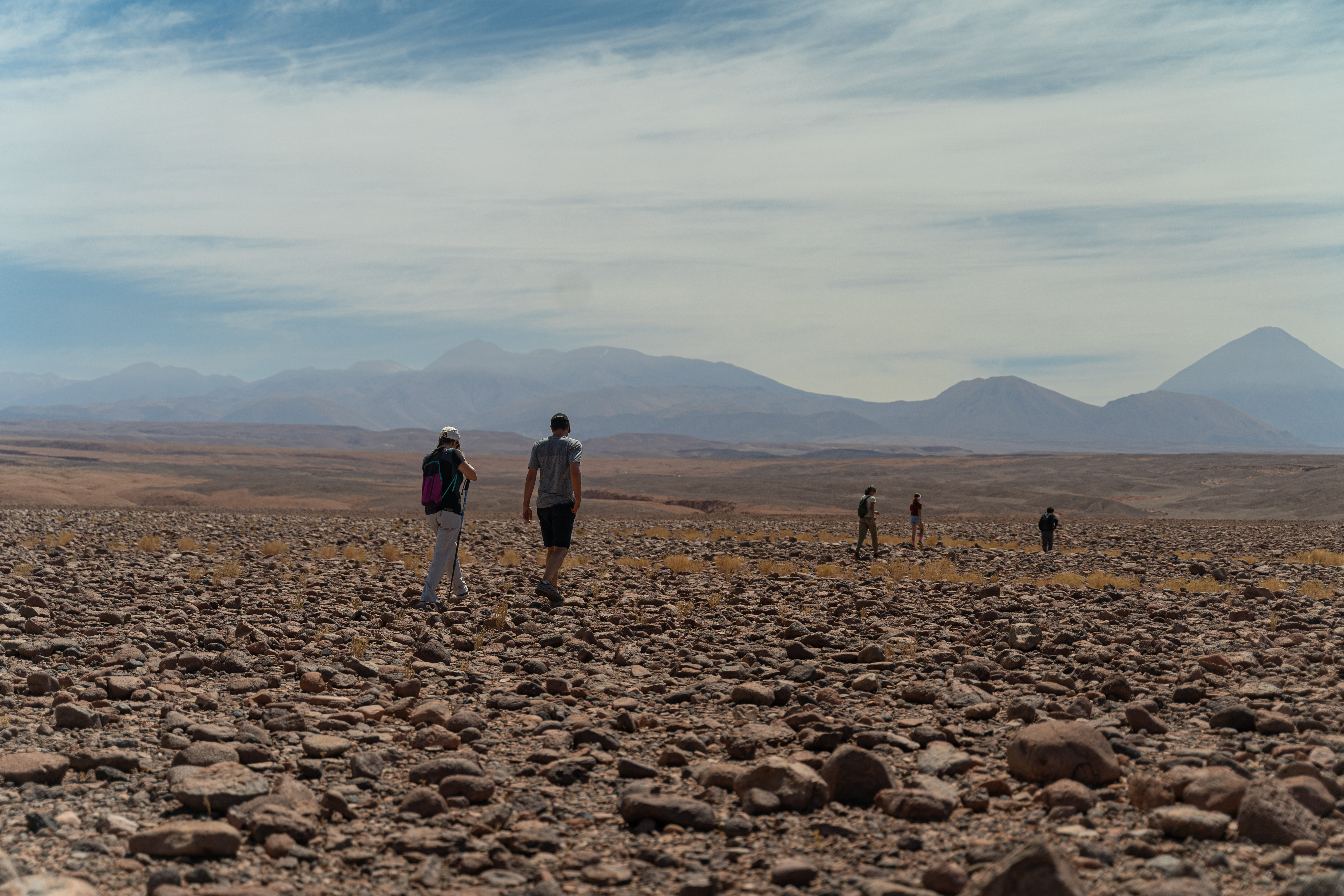 Group of people walk across a rocky desert plain, with low hills and a hazy horizon beneath pale clouds far off.