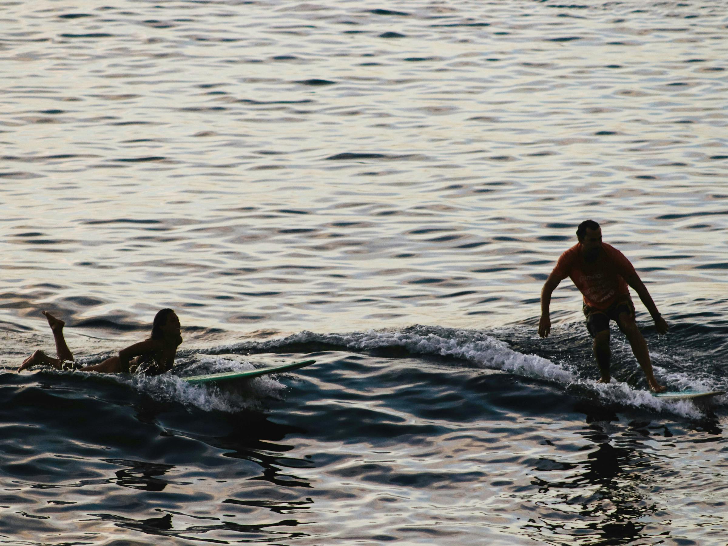 Two surfers ride small waves at dusk, one standing on a board while another paddles nearby on rippled water.