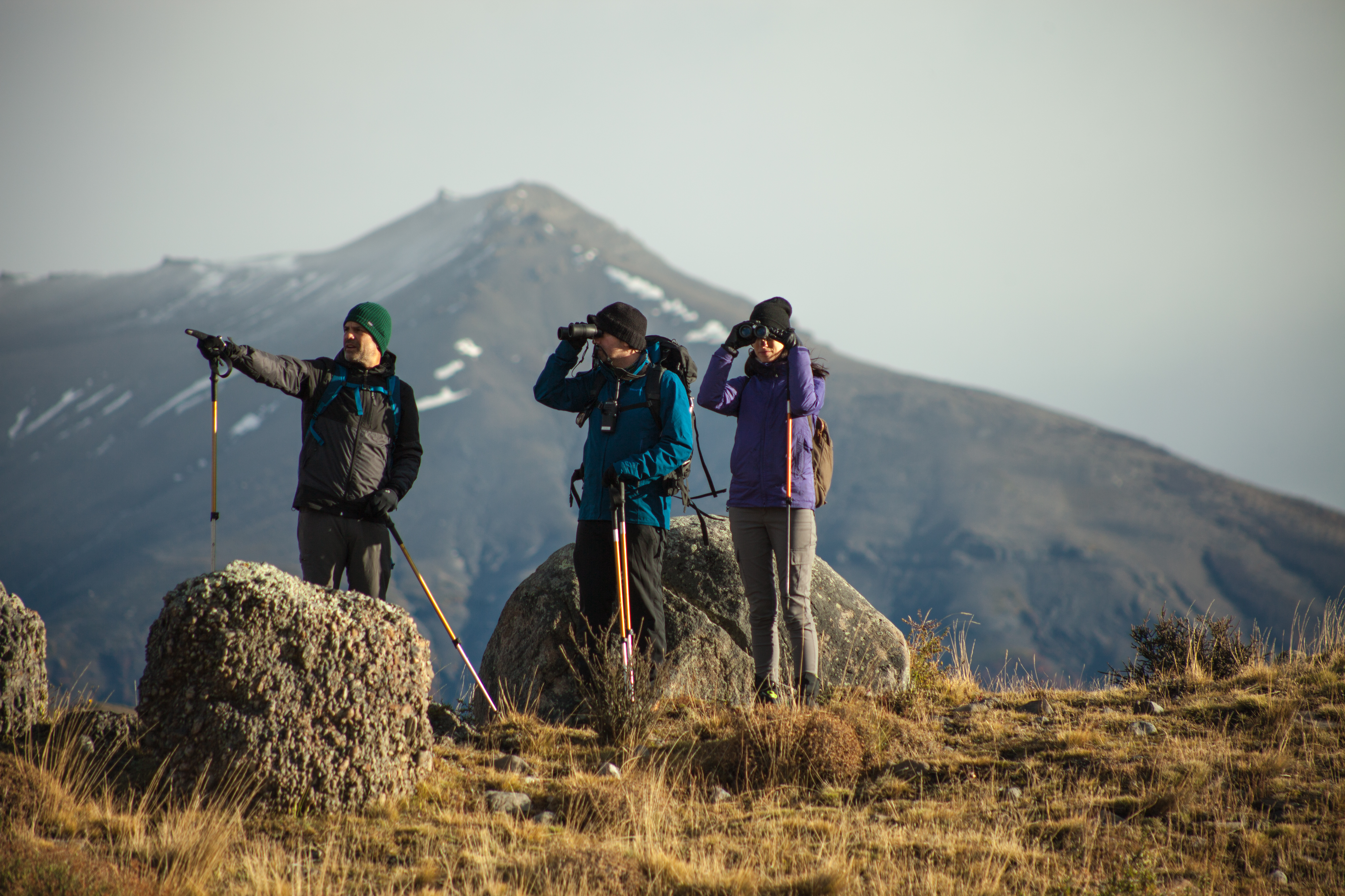 Three hikers stand on a grassy ridge beside a rocky outcrop, looking toward distant mountains under a gray sky ahead.