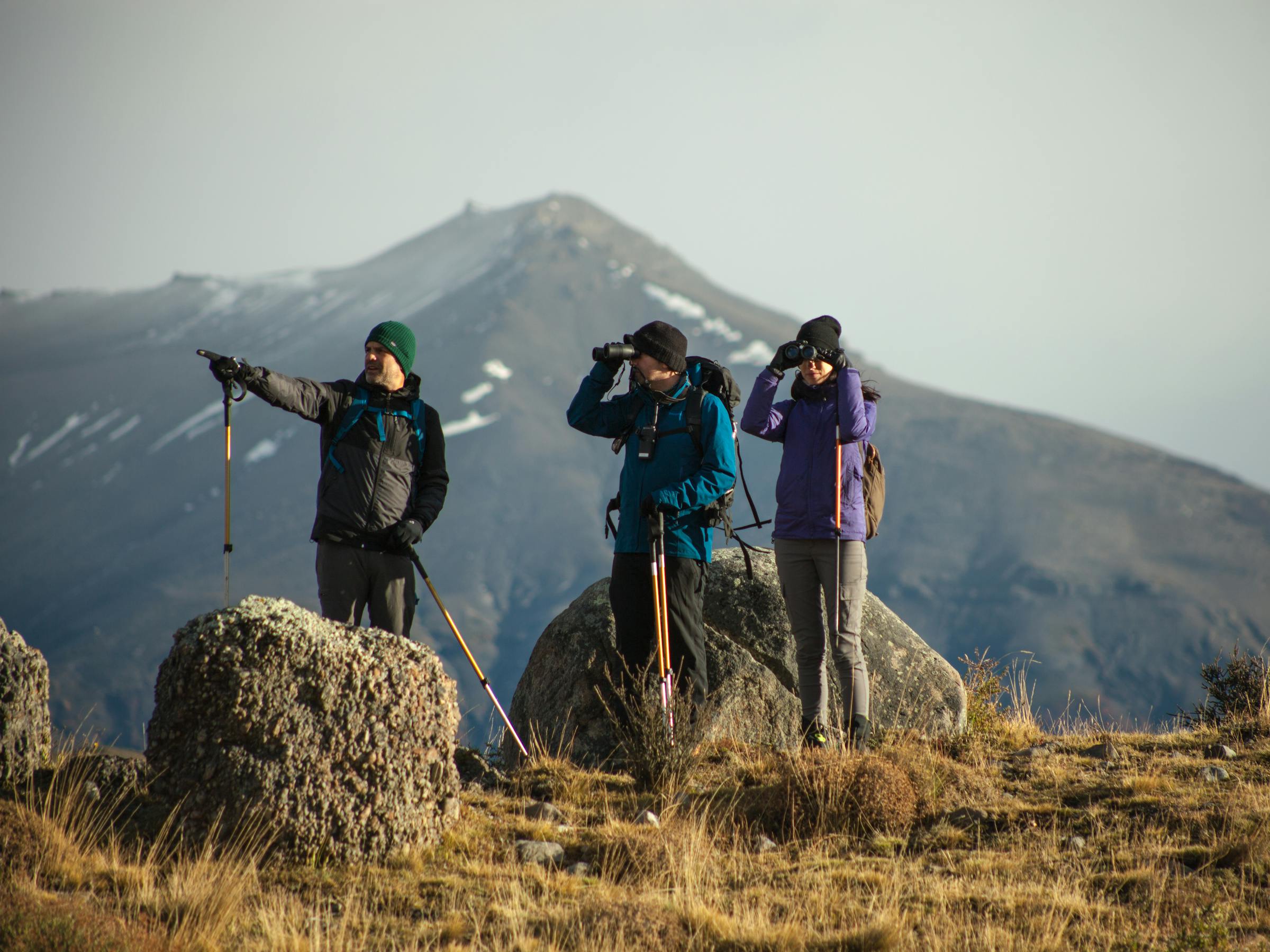 Three hikers stand on a grassy ridge beside a rocky outcrop, looking toward distant mountains under a gray sky ahead.