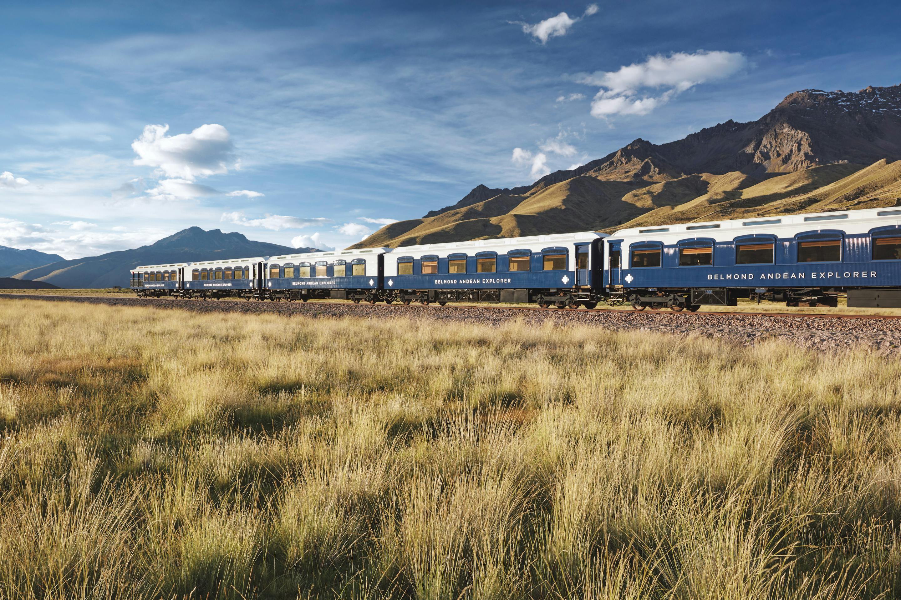 A blue-and-white train travels across golden grasslands, with broad Andean mountains and scattered clouds in background under bright daylight