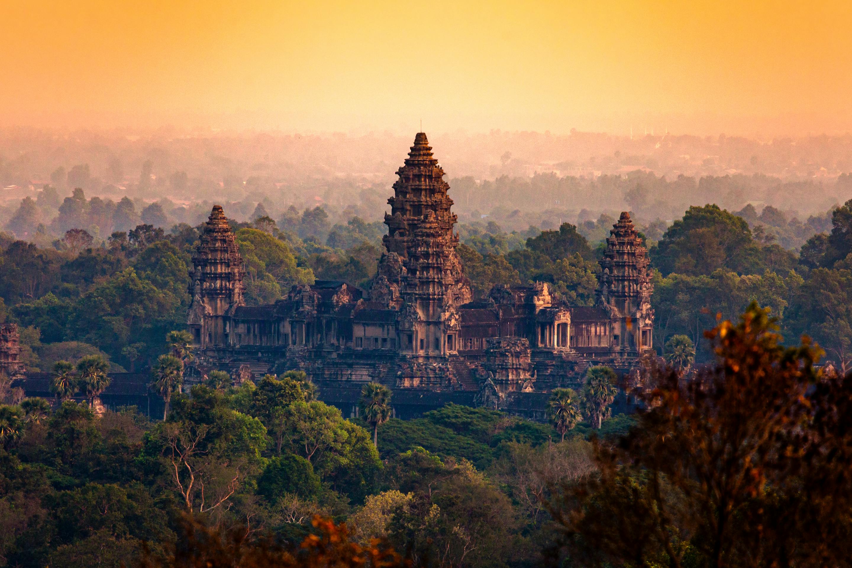 Sunrise light glows over temple towers rising above a forest canopy.